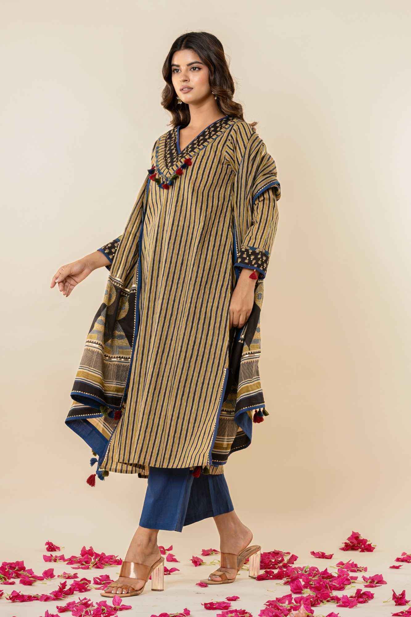 Ajrakh Printed Striped A-Line Kurti Pant Set with Dupatta