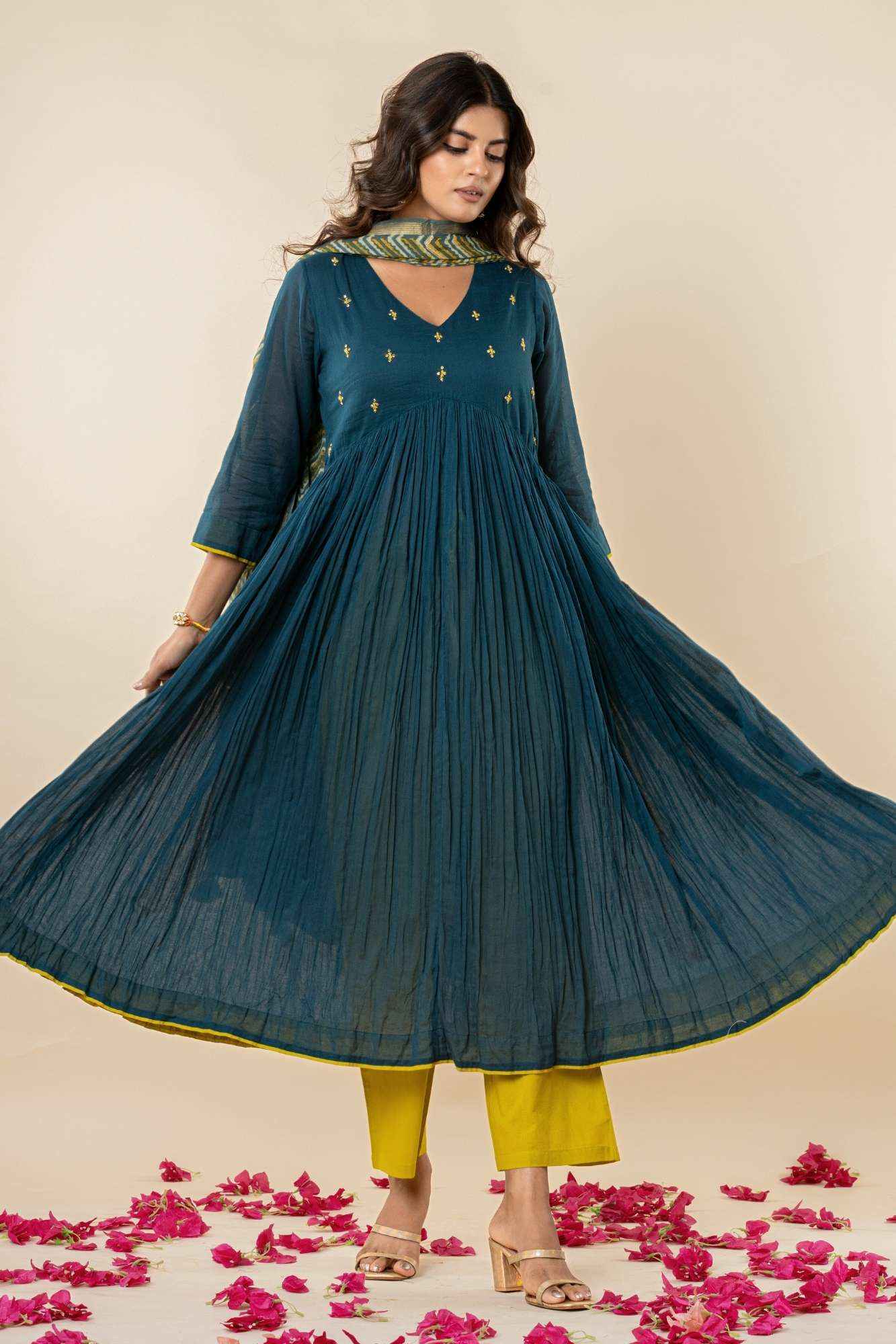 Teal Blue Kurti Pant Set with Vanaspati printed Dupatta (Set of 3)