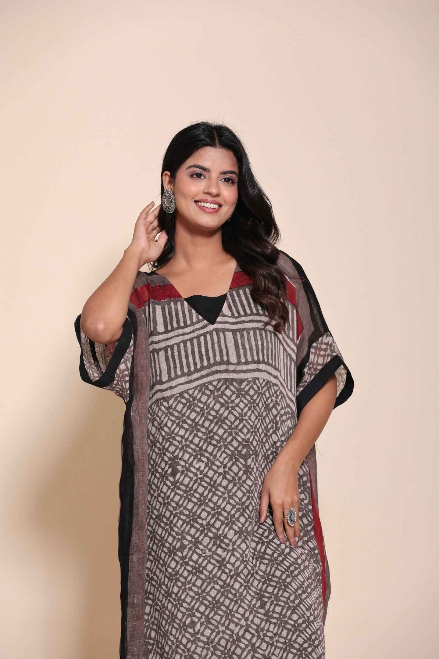 Naksh Pure Linen Free Size Brown Kaftan-Dress With Customizable Inner