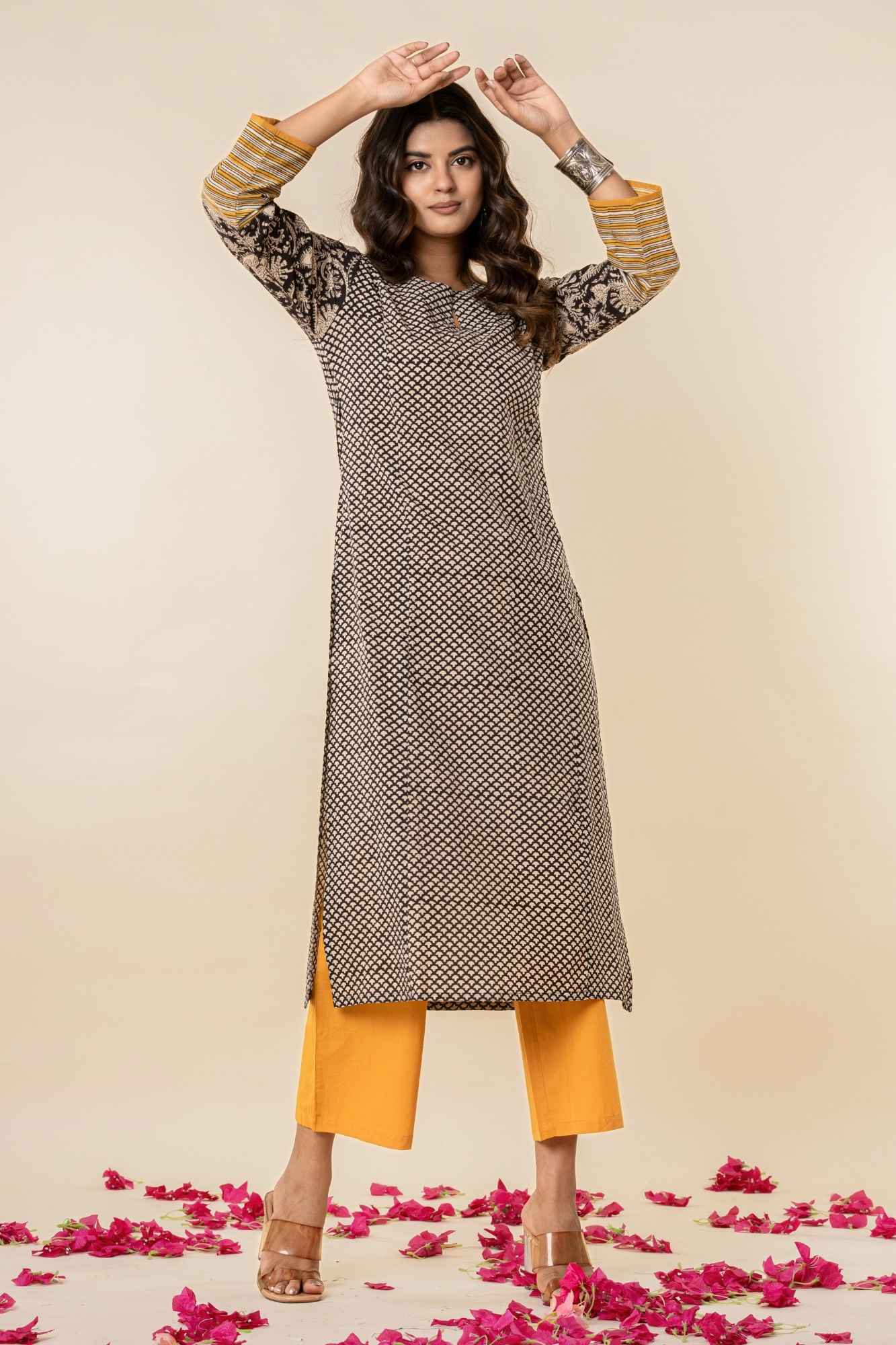 Black Cotton Straight Kurta Set with Patchwork Sleeves (Set of 2)