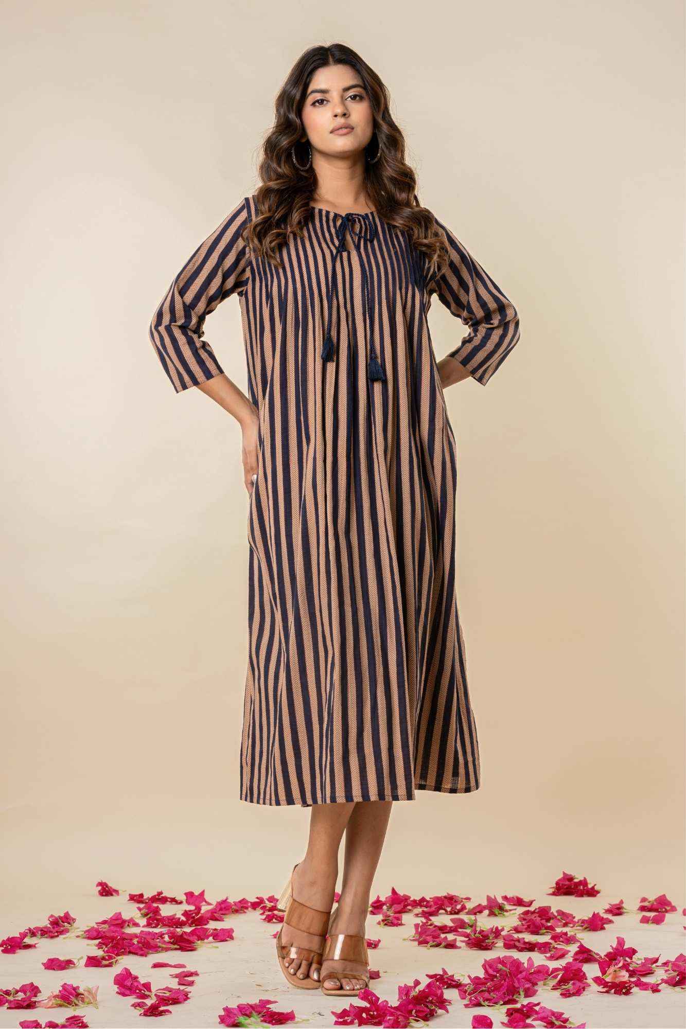 Striped A-Line Cotton Kurta with Tassel Tie-Up