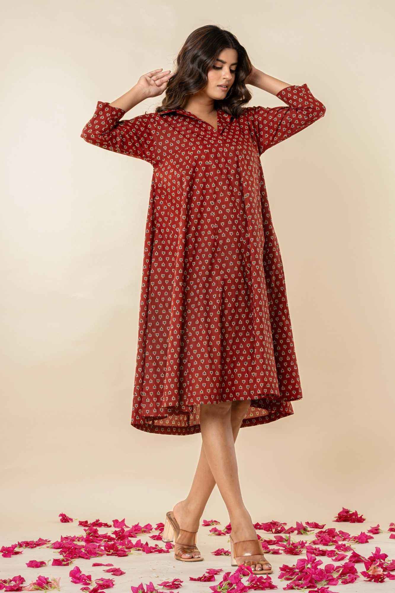 Maroon Collared A-Line Cotton Kurta