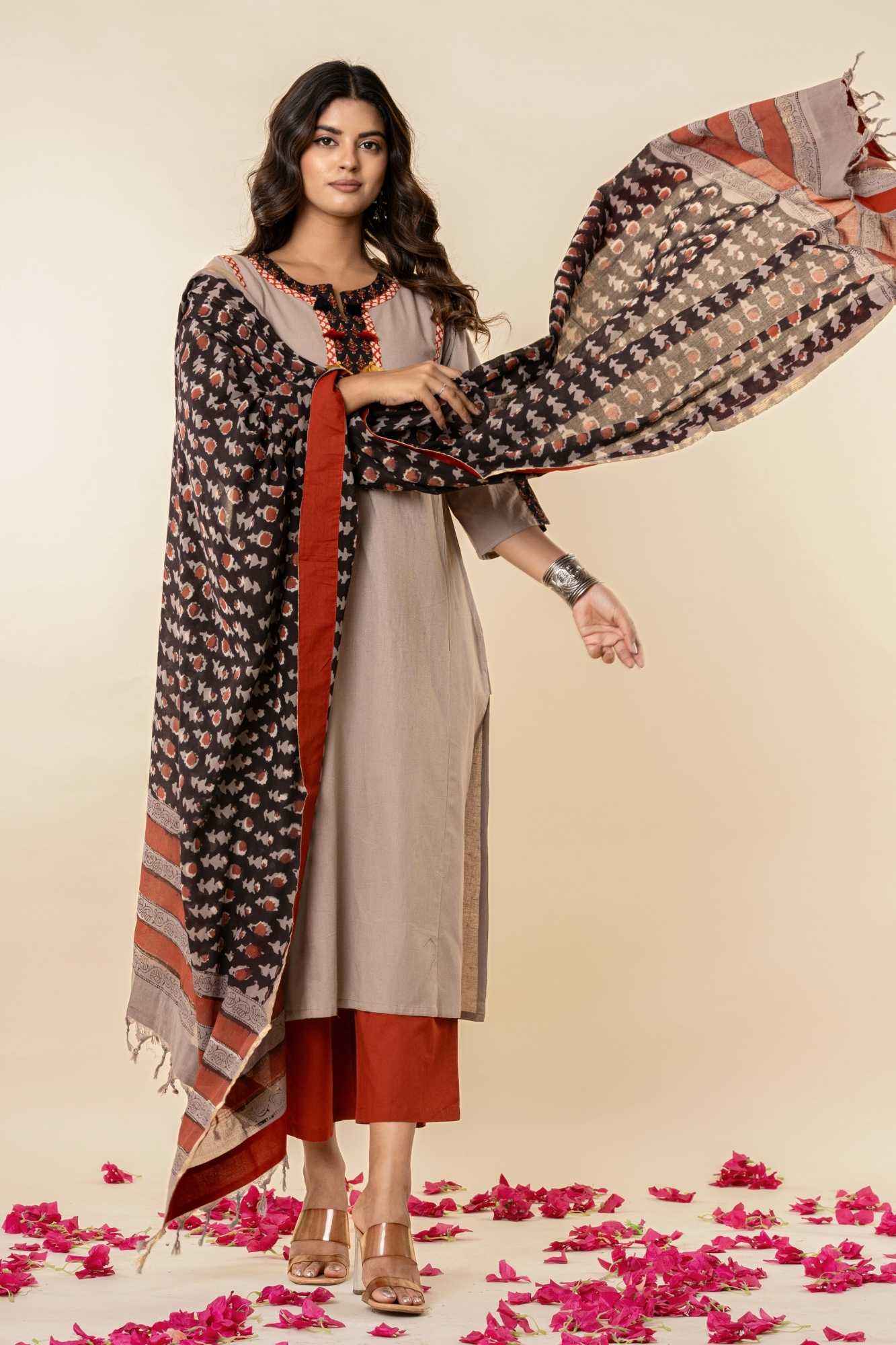 Taupe Cotton Kurta Set with Printed Dupatta (Set of 3)