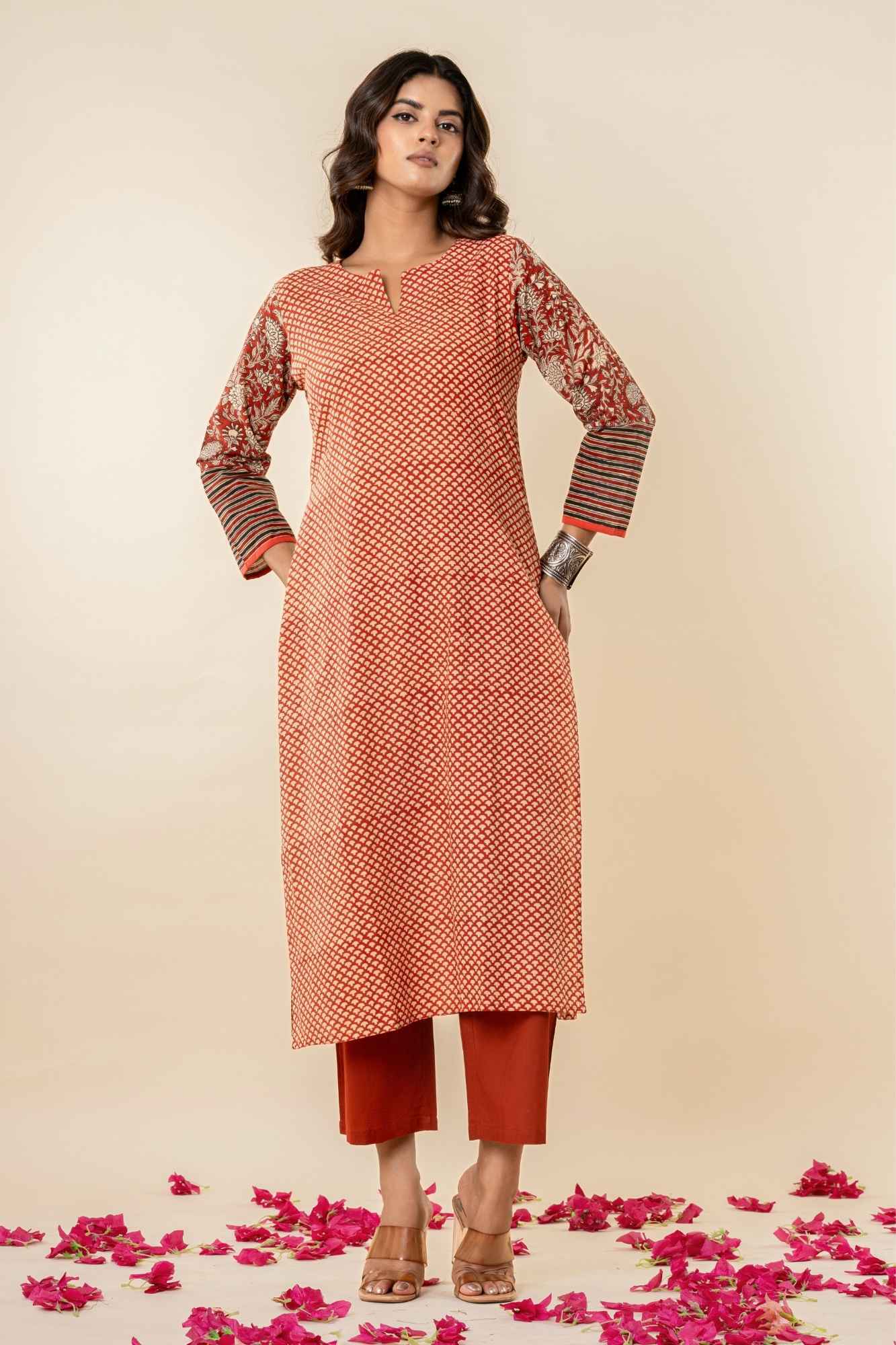 Rust Cotton Straight Kurta Set with Patchwork Sleeves (Set of 2)