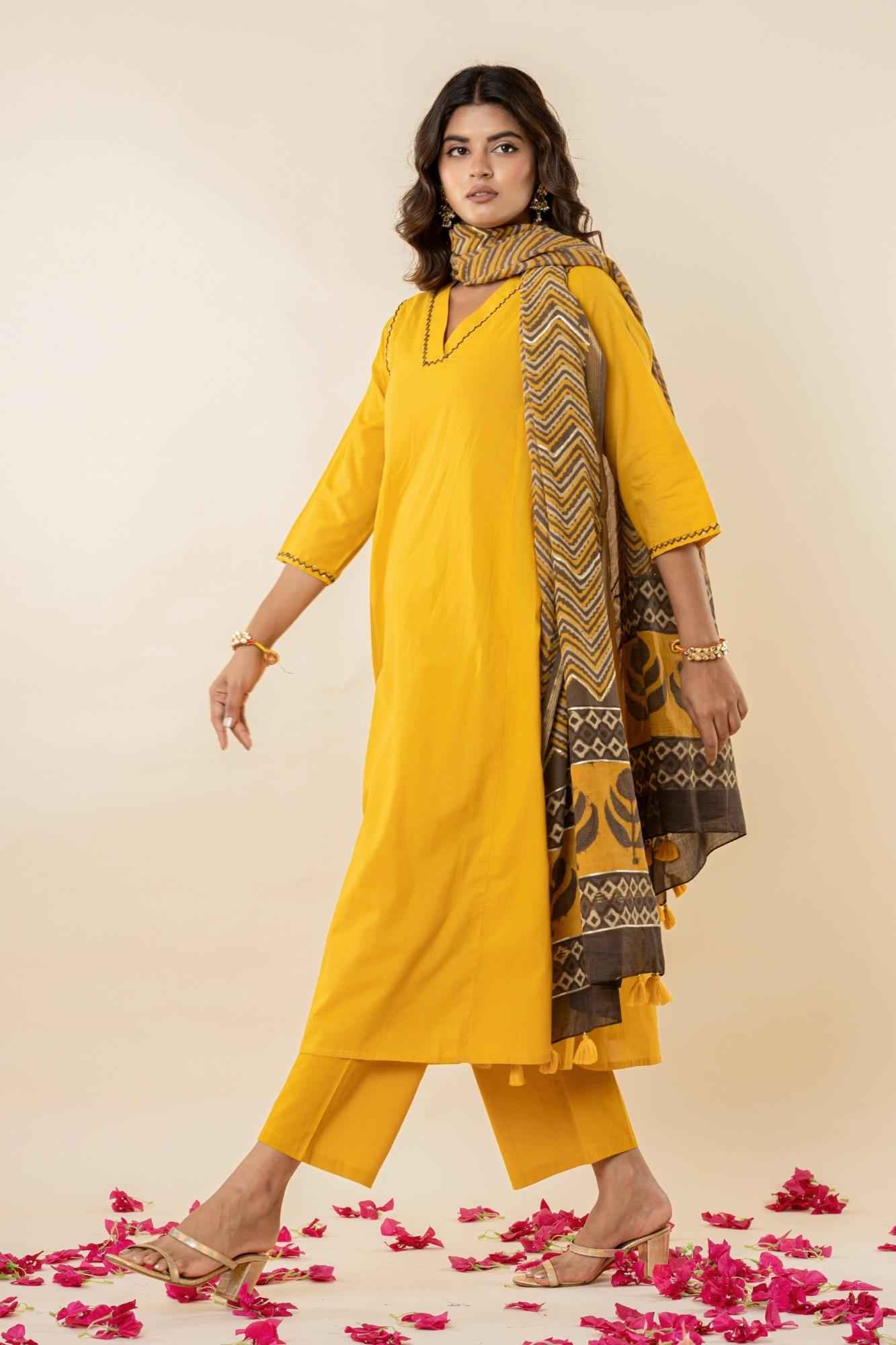 Golden Mustard A-Line Kurti Pant Set with Vanaspati Dupatta