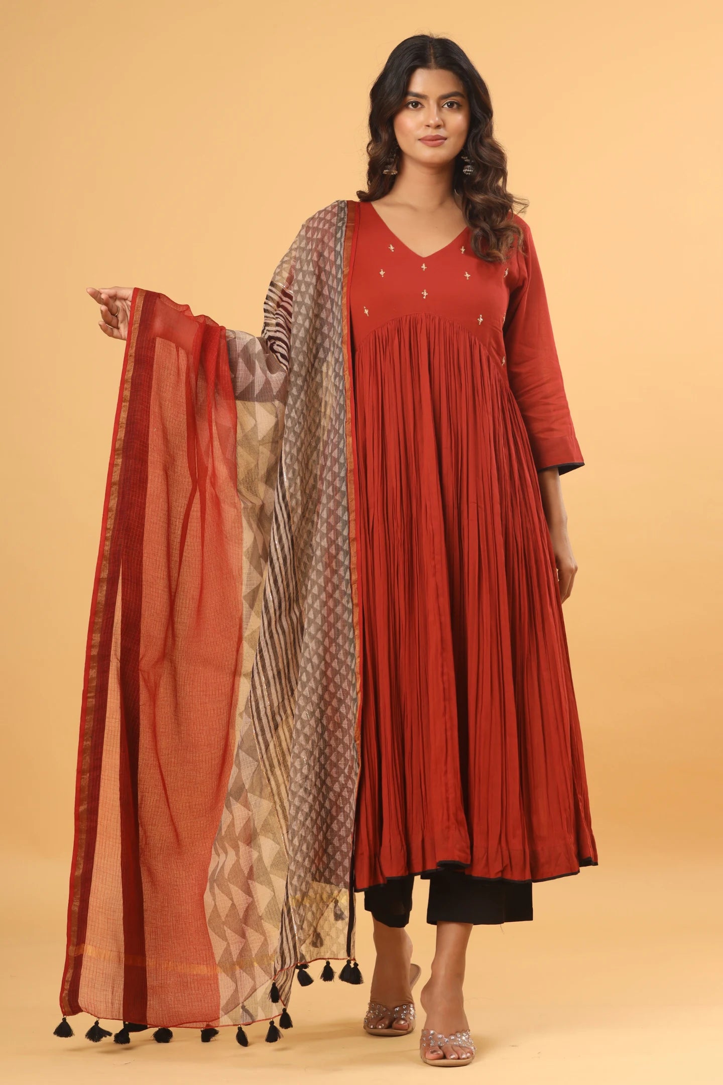 Saanjh Rust Pleated Kurta (Pants and dupatta included)