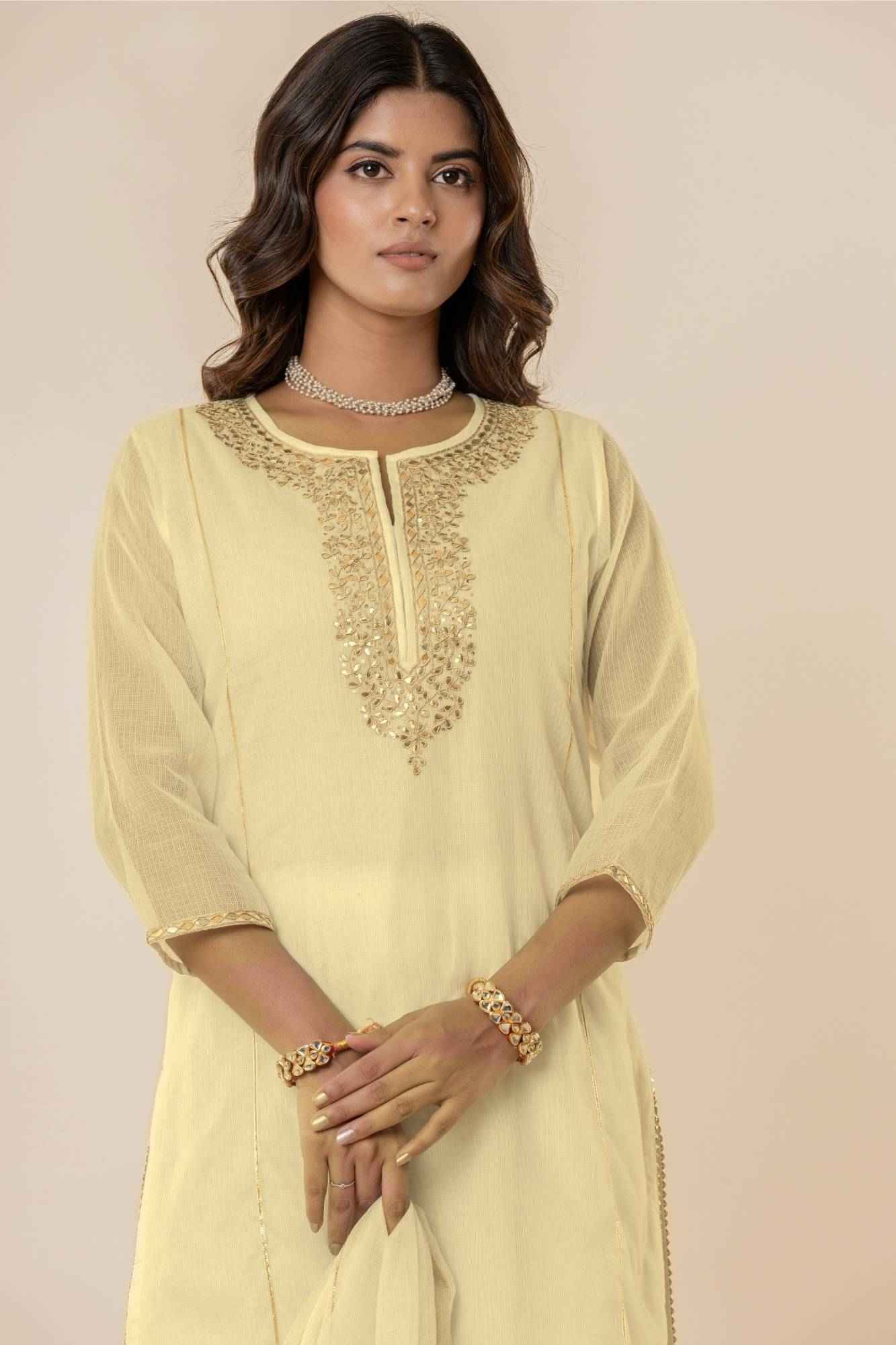 Butter yellow Kota Doria Gota Patti Kurta (Set of 3)