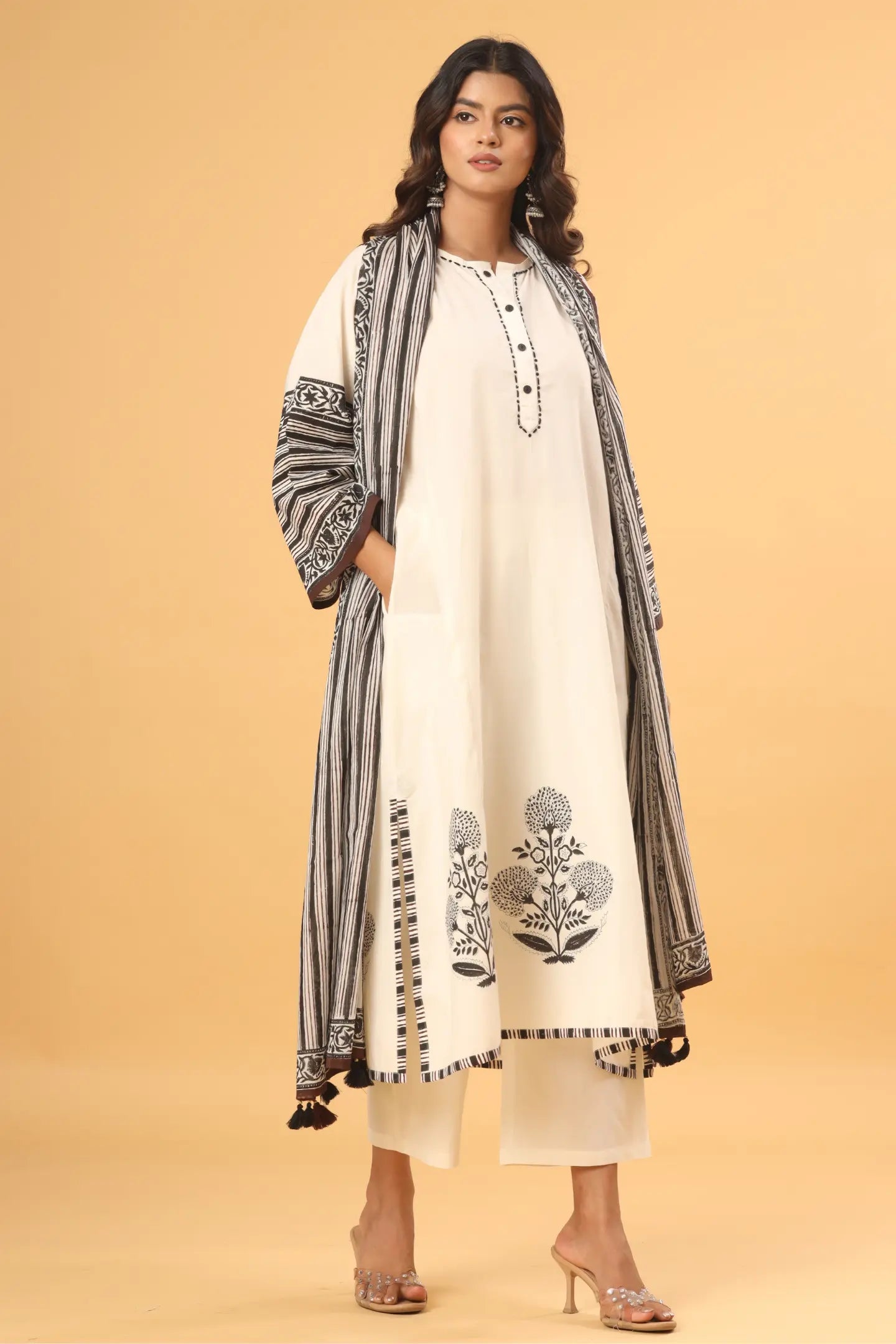Ivory Whisper Hand-Printed Kurta (Pants and Dupatta included)