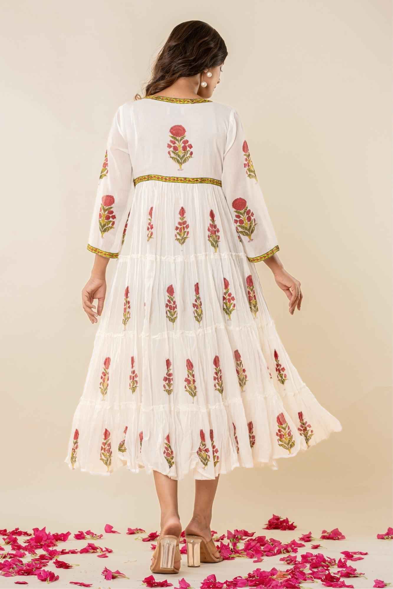 White Floral Block Print Mul Mul Tiered Kurta
