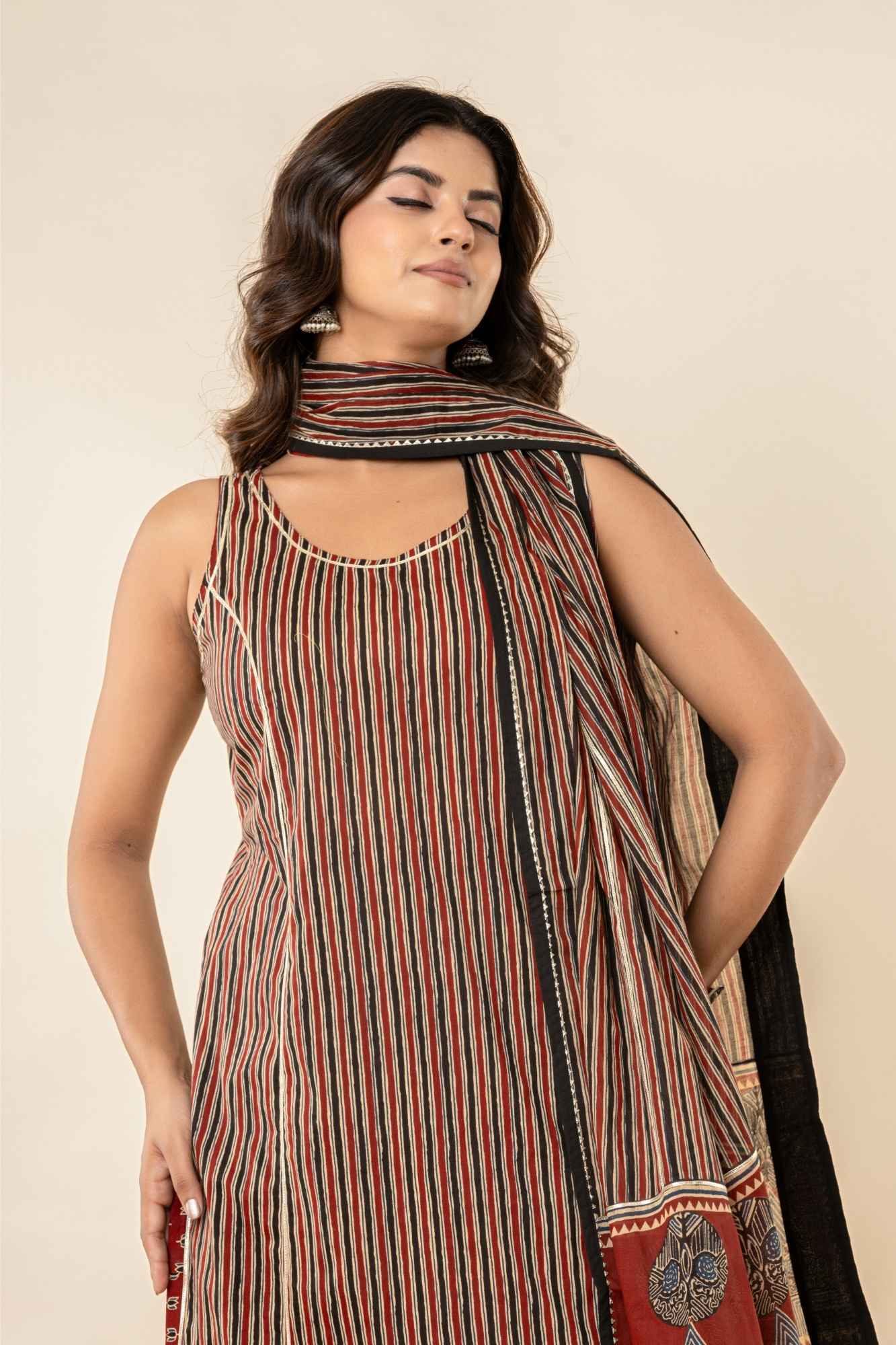 Striped Cotton Sleeveless Kurta Set with Dupatta (Set of 3)