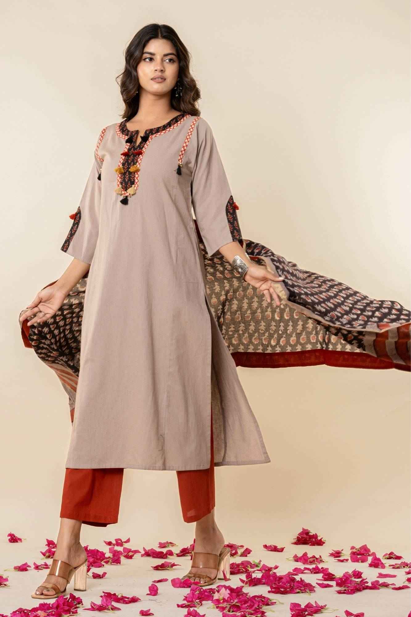 Taupe Cotton Kurta Set with Printed Dupatta (Set of 3)