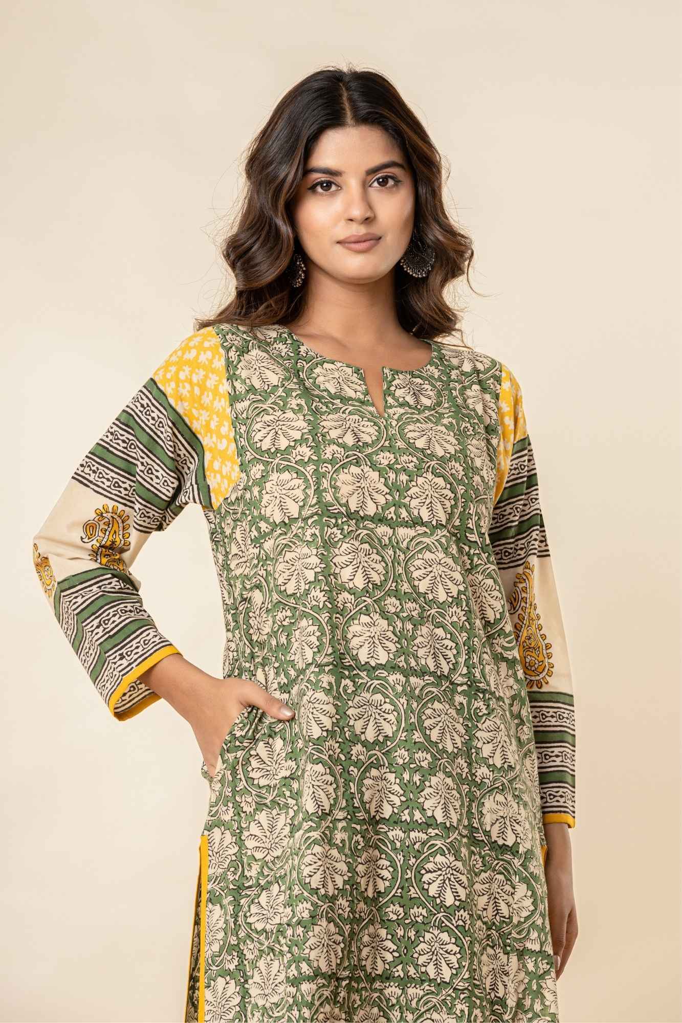 Green & Yellow Bagru Print Cotton Kurta Set