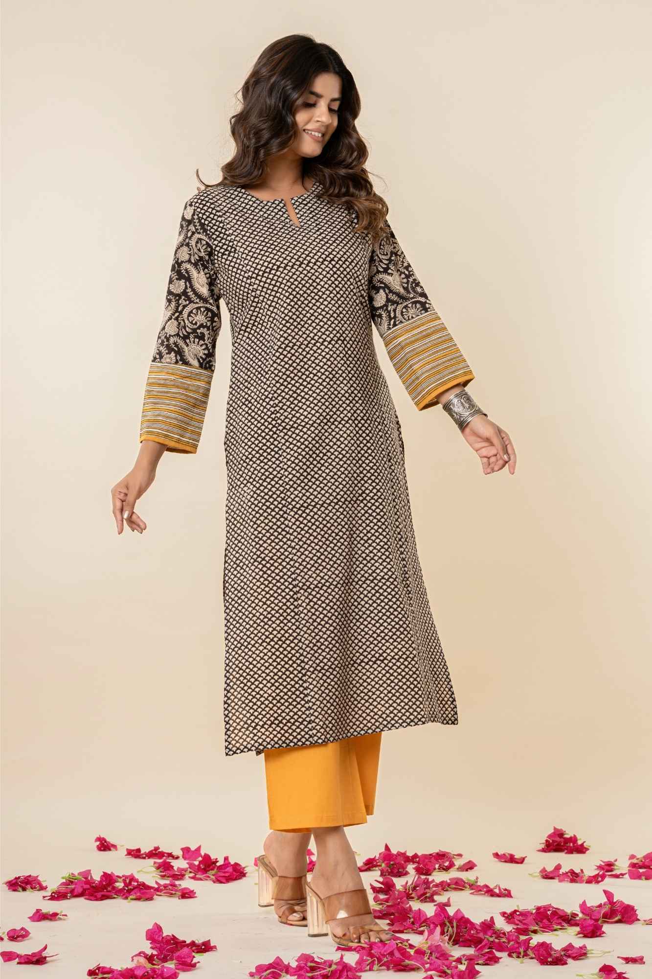 Black Cotton Straight Kurta Set with Patchwork Sleeves (Set of 2)