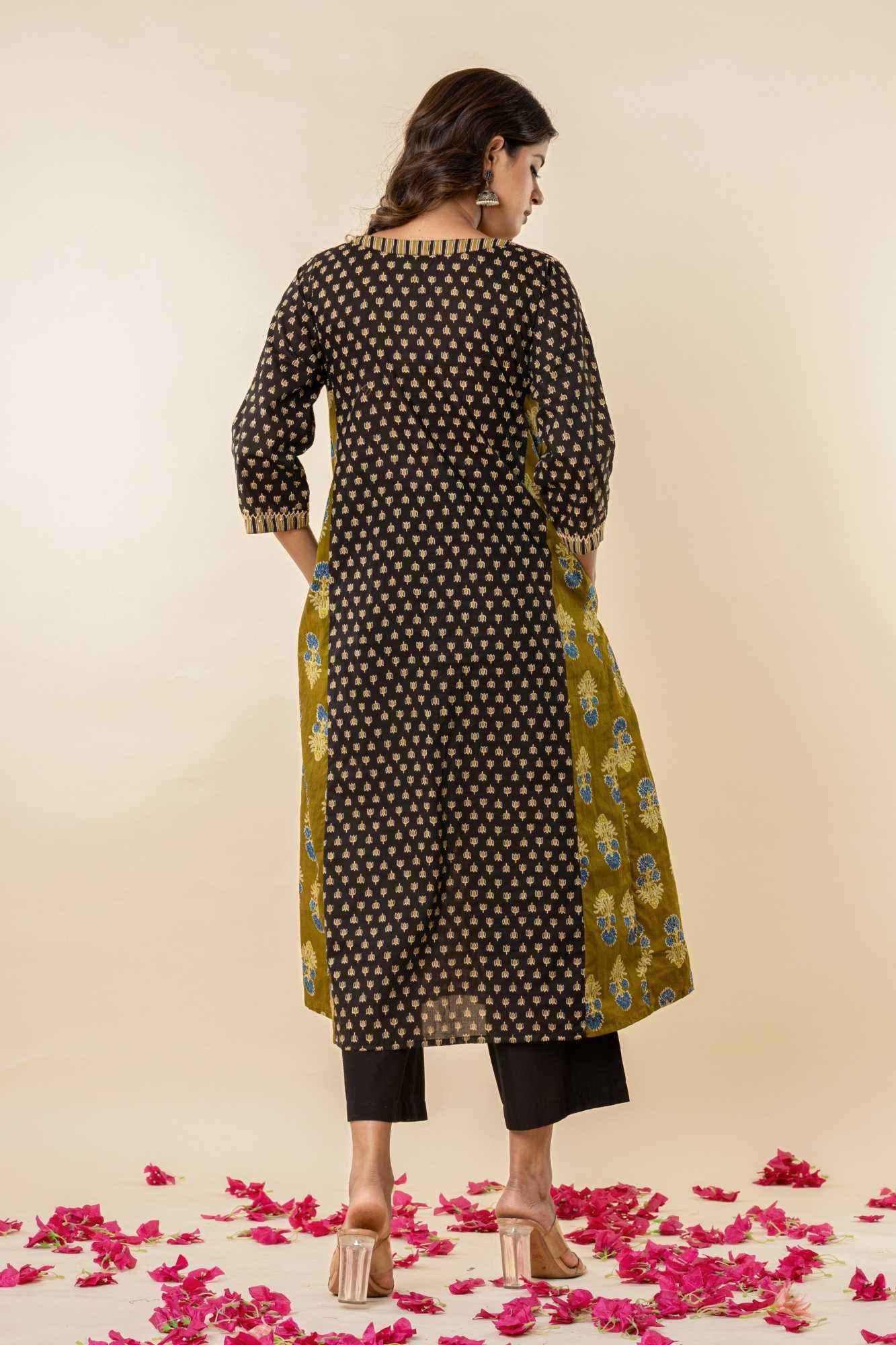 Olive & Black A-Line Cotton Kurta with Sequins