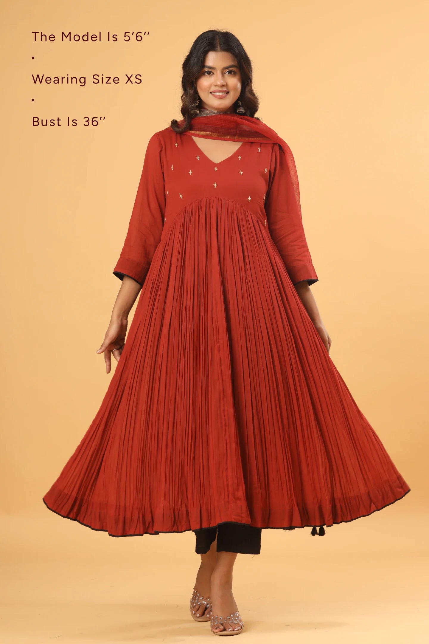 Saanjh Rust Pleated Kurta (Pants and dupatta included)