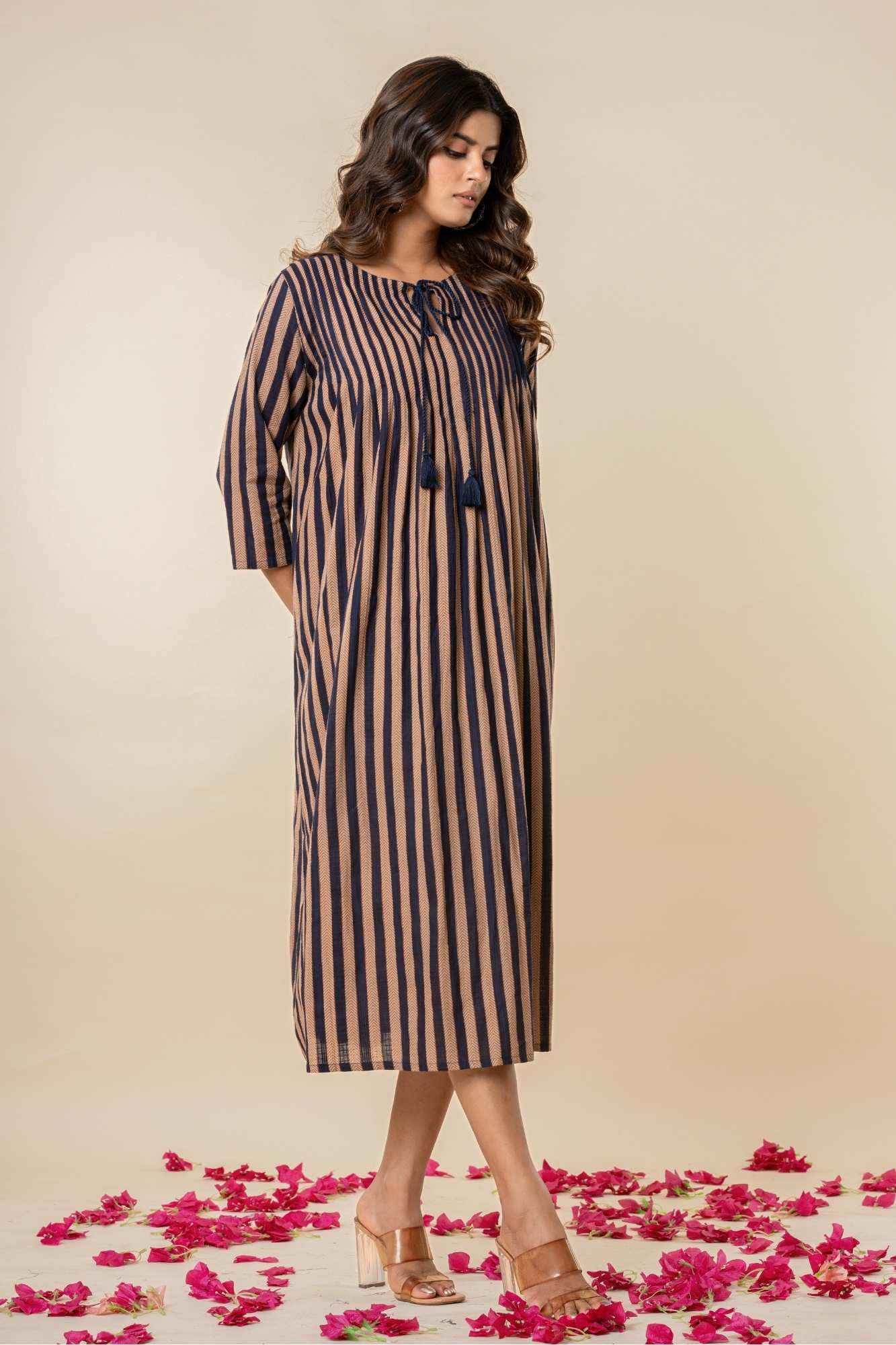 Striped A-Line Cotton Kurta with Tassel Tie-Up