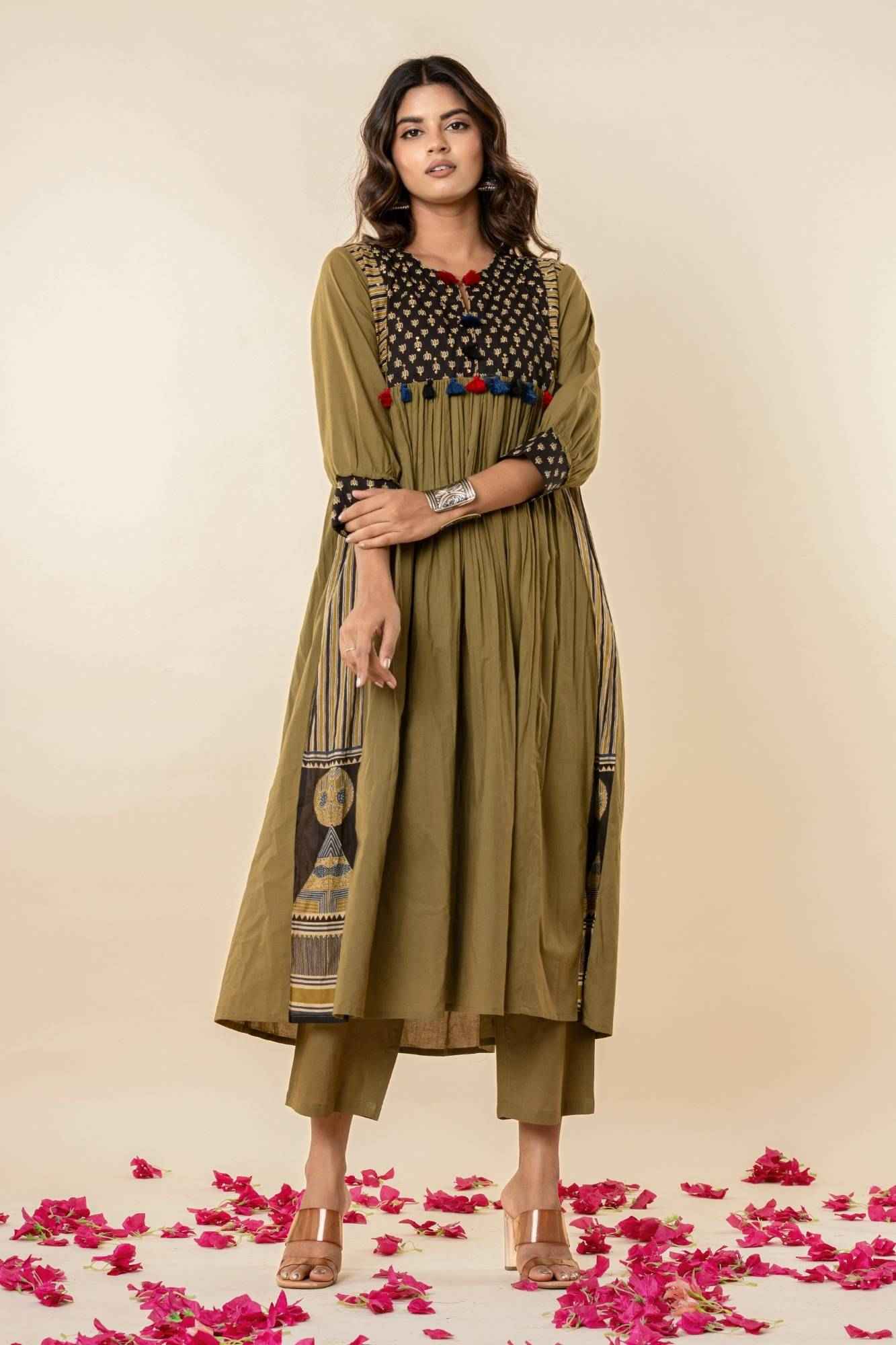 Olive Gathered Kurta Set with Tassels