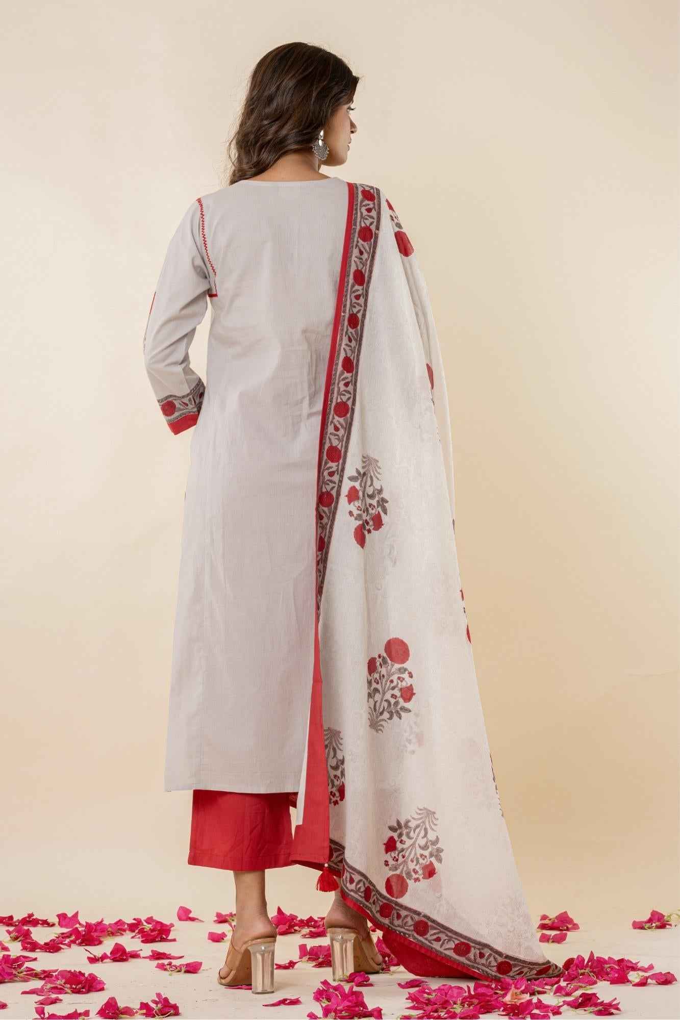 Light Grey Cotton Straight Kurta Set with Red Pants & Printed Dupatta (Set of 3)