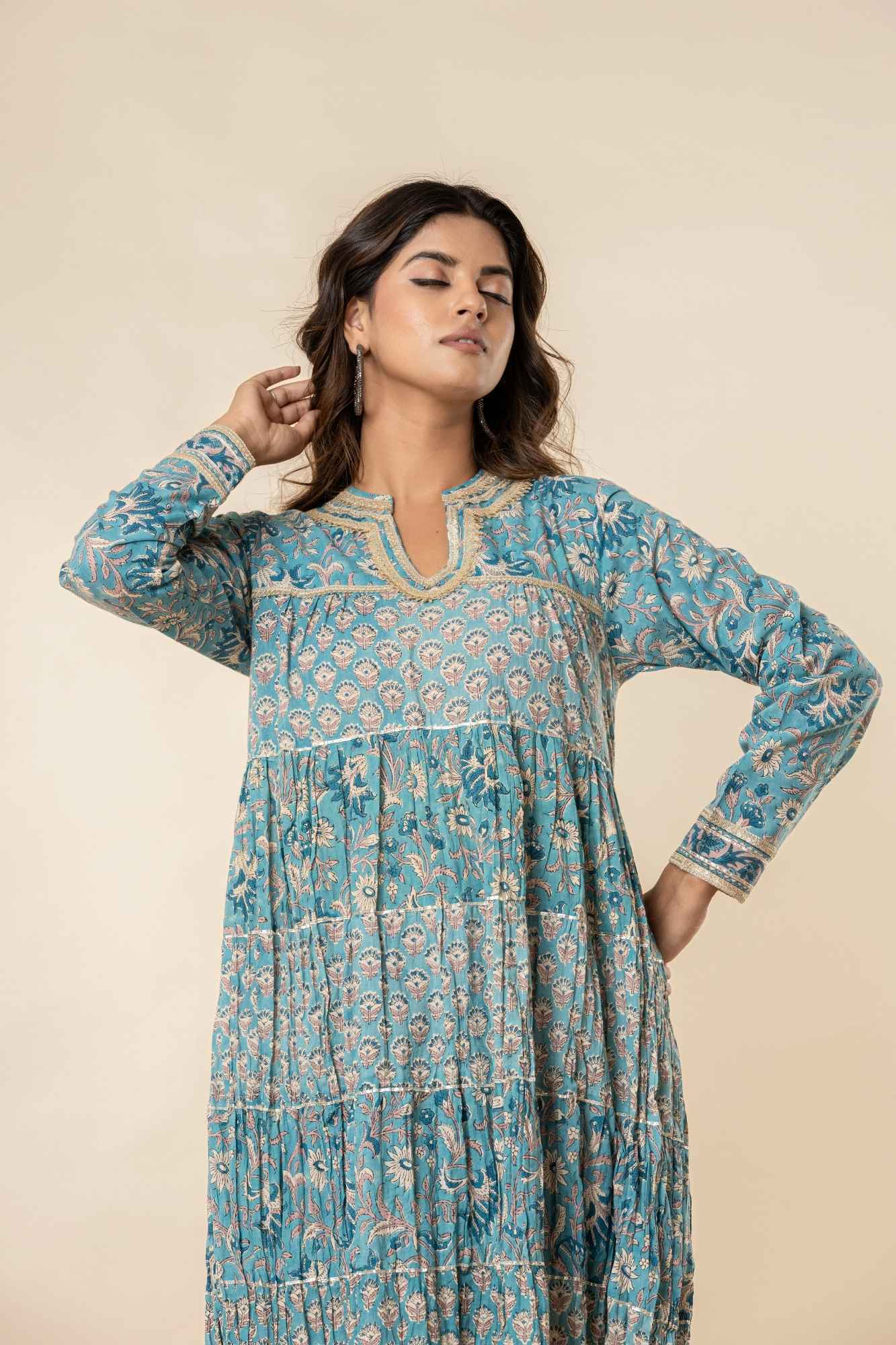 Blue Block Print Tiered Dress