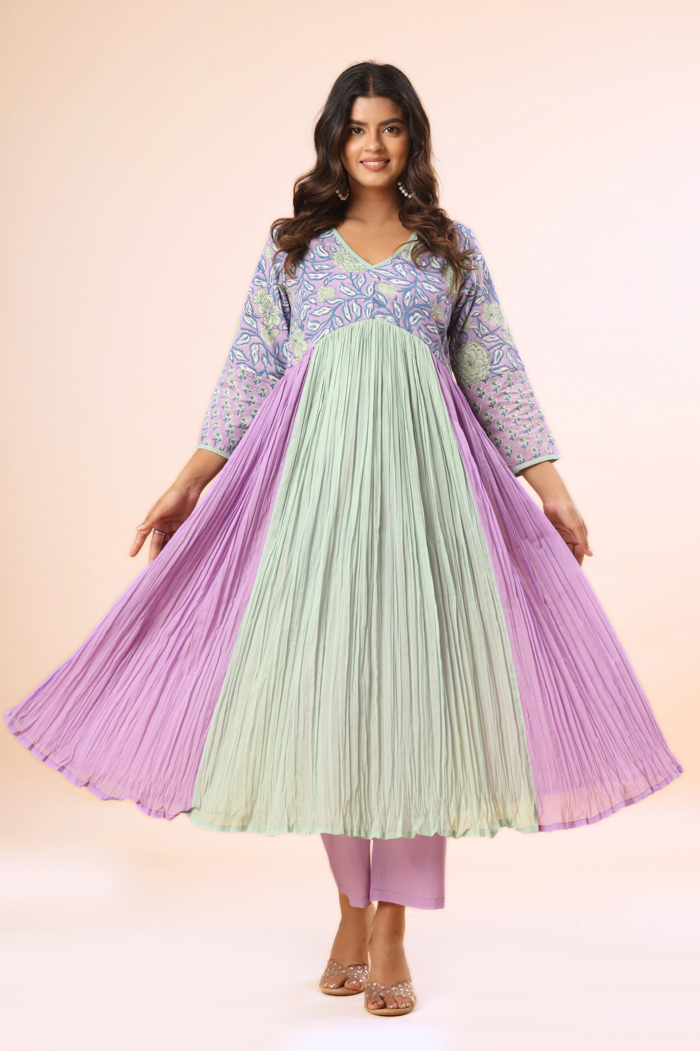 Lavender & Seafoam Floral Block Print Crinkle Anarkali (Pants included)