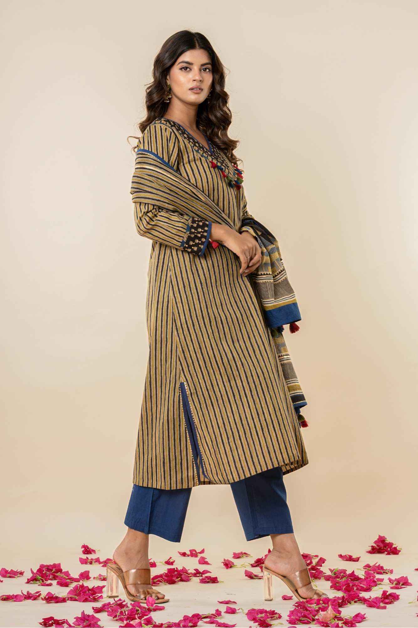 Ajrakh Printed Striped A-Line Kurti Pant Set with Dupatta