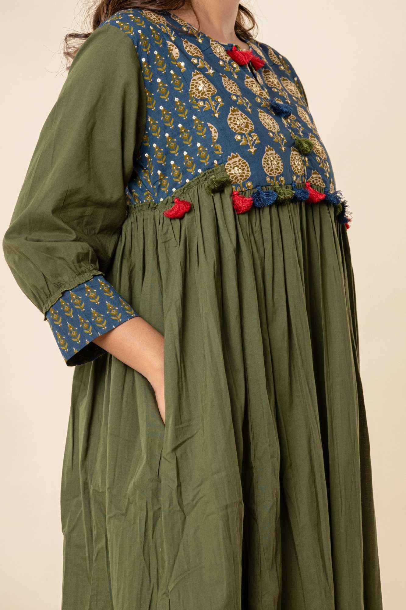 Olive Gathered Kurta Set with Printed Yoke