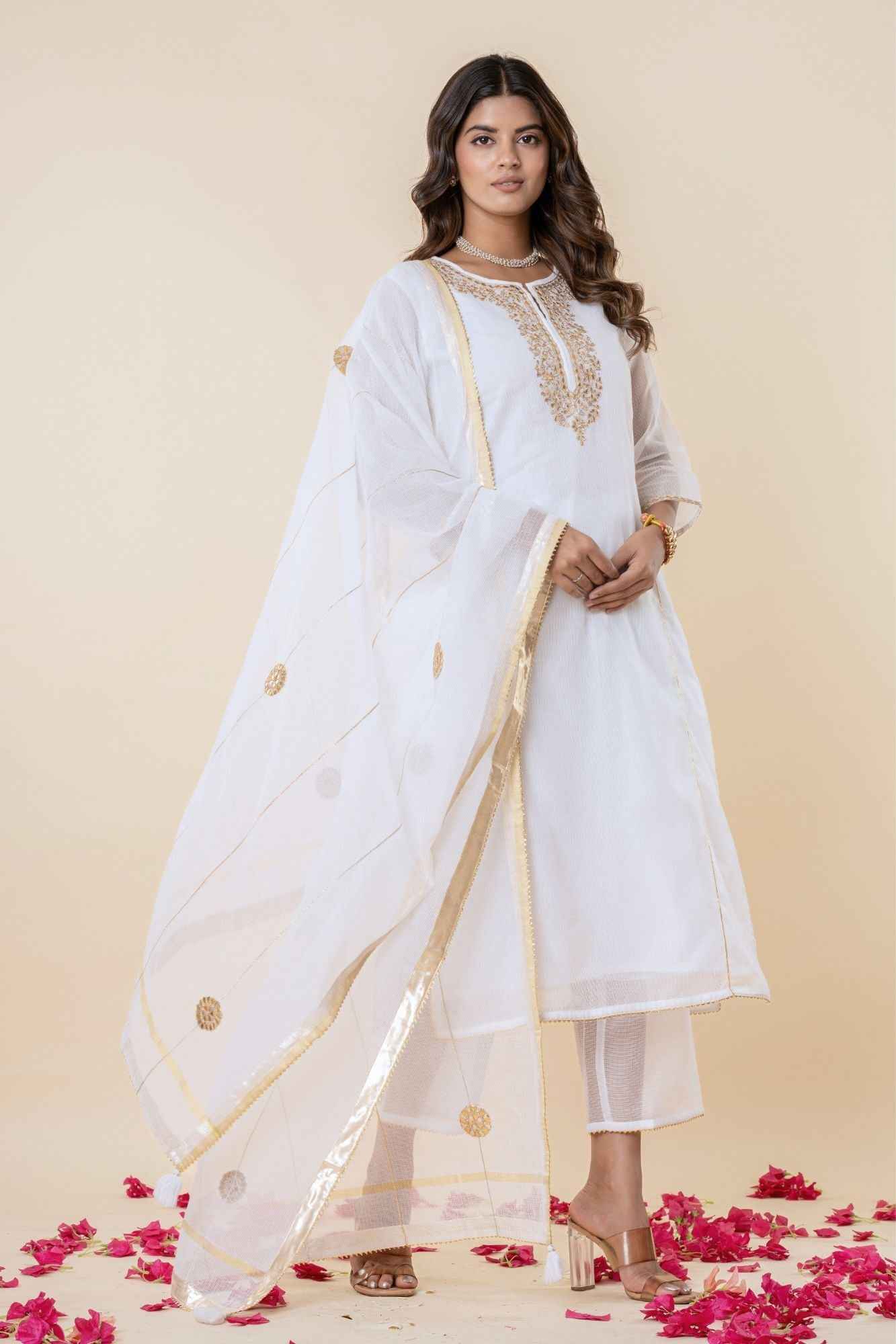 White Kota Doria Gota Patti Kurta (Set Of 3)