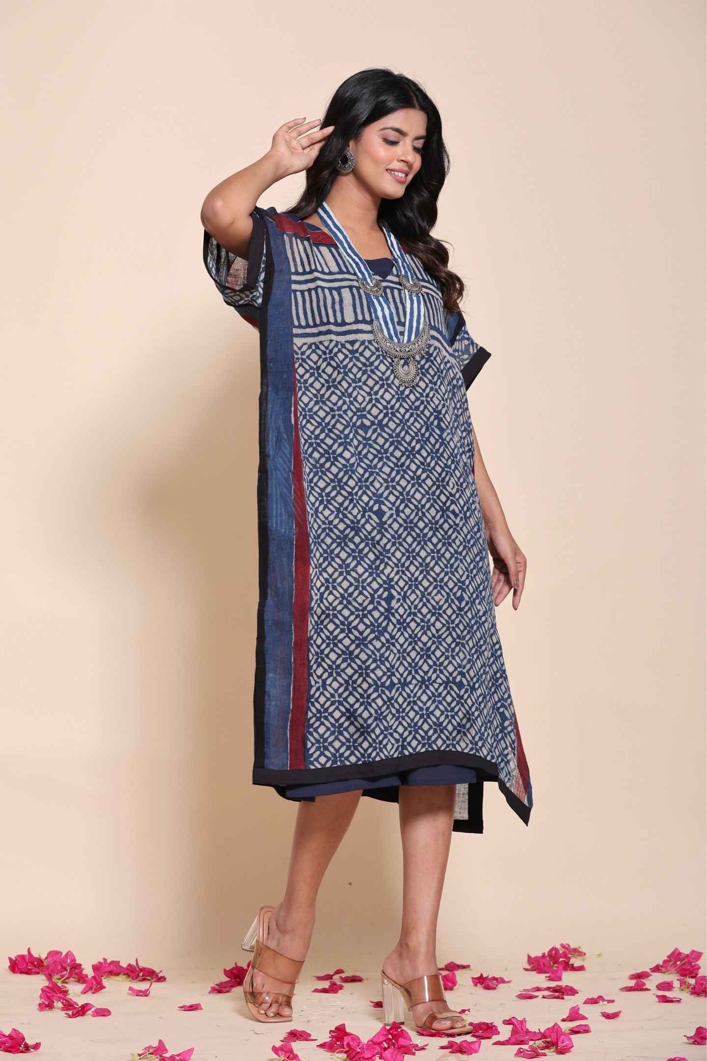 Naksh Pure Linen Free Size Blue Kaftan-Dress With Customizable Inner