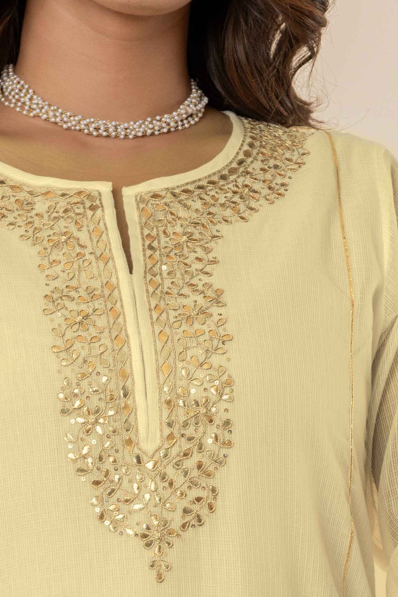 Butter yellow Kota Doria Gota Patti Kurta (Set of 3)