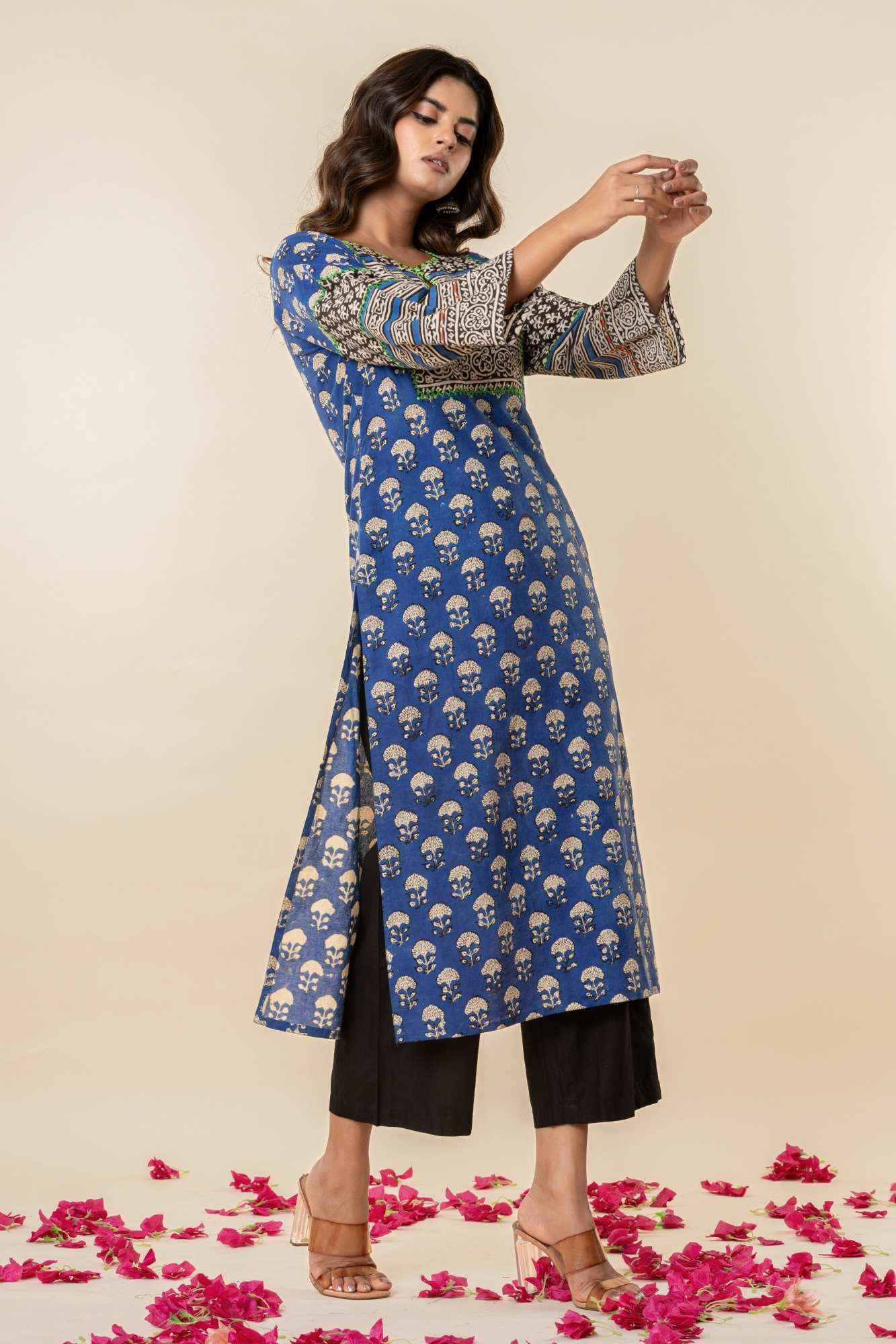 Blue Sanganeri Print Straight Cotton Kurta