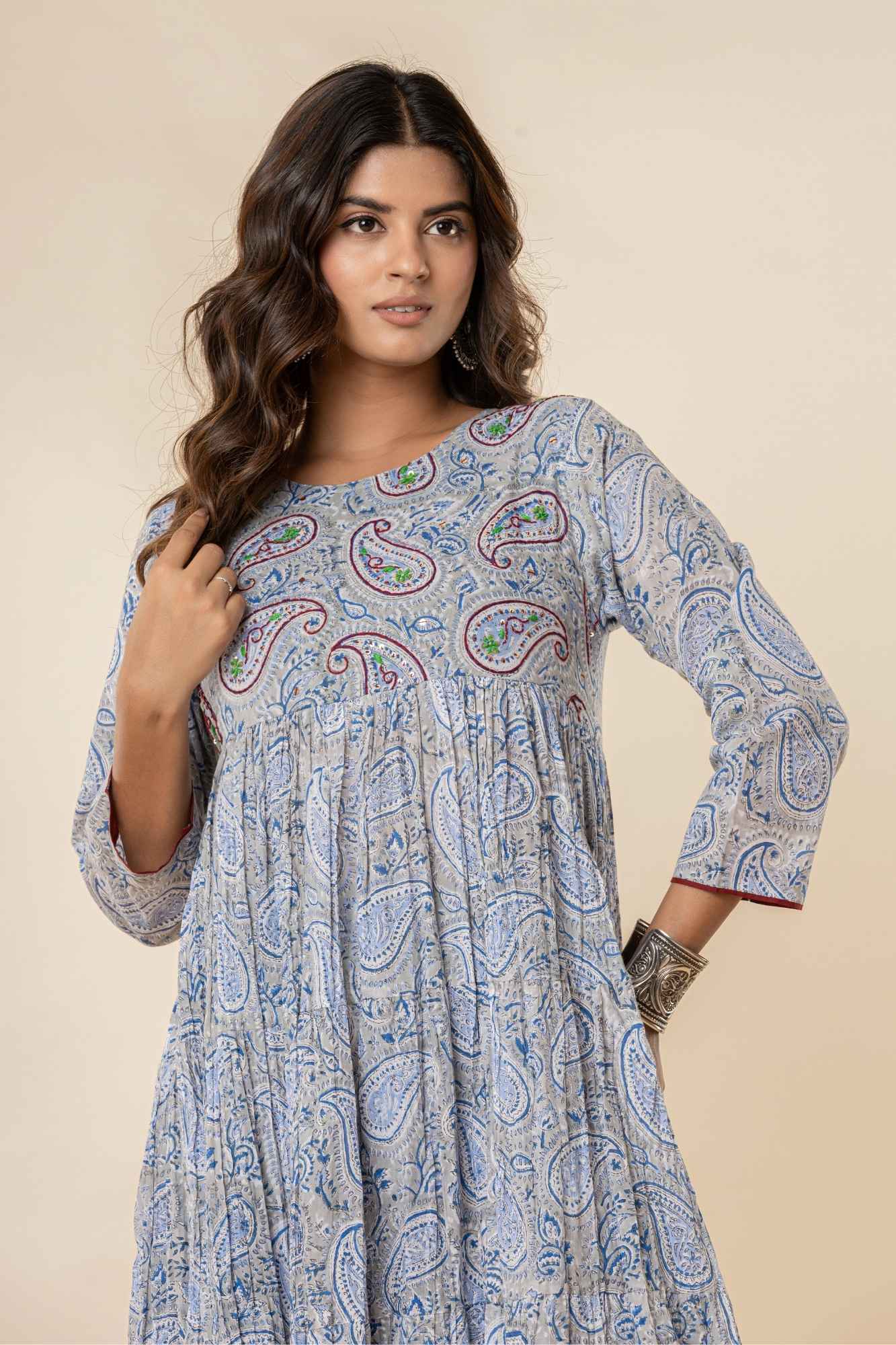 Grey-Blue Block Print Gathered Kurta Set