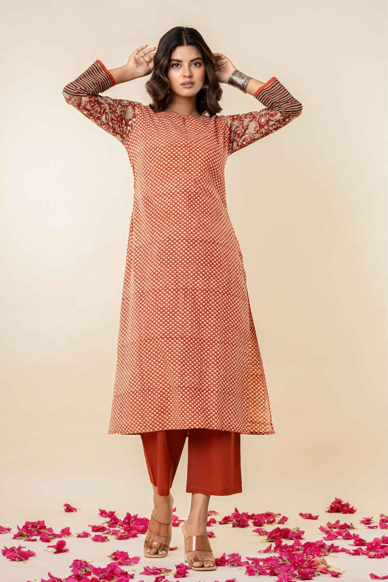 Rust Cotton Straight Kurta Set with Patchwork Sleeves (Set of 2)