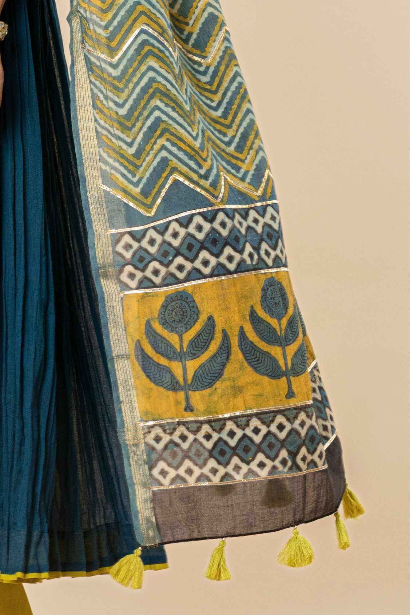 Teal Blue Kurti Pant Set with Vanaspati printed Dupatta (Set of 3)