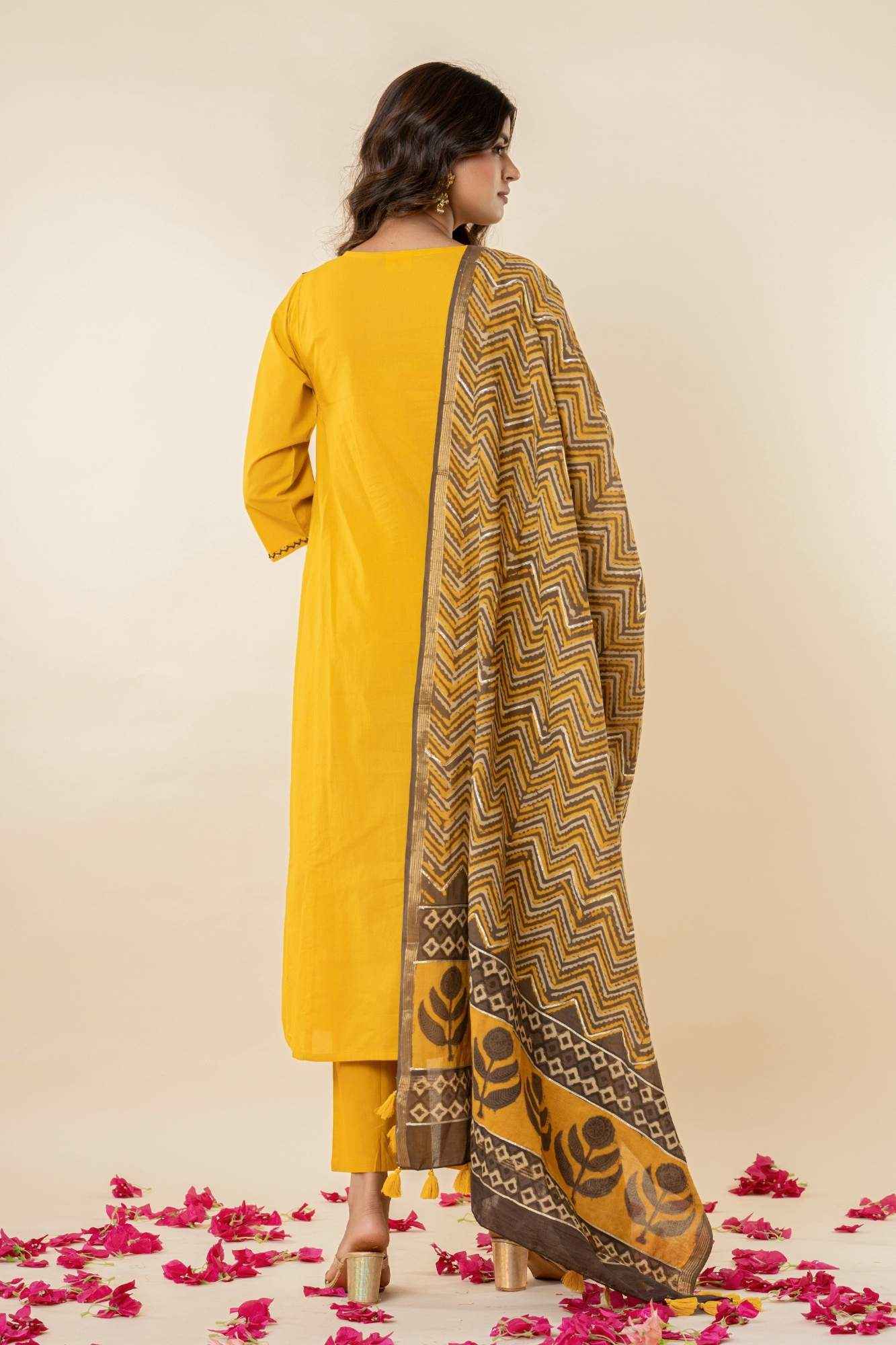 Golden Mustard A-Line Kurti Pant Set with Vanaspati Dupatta