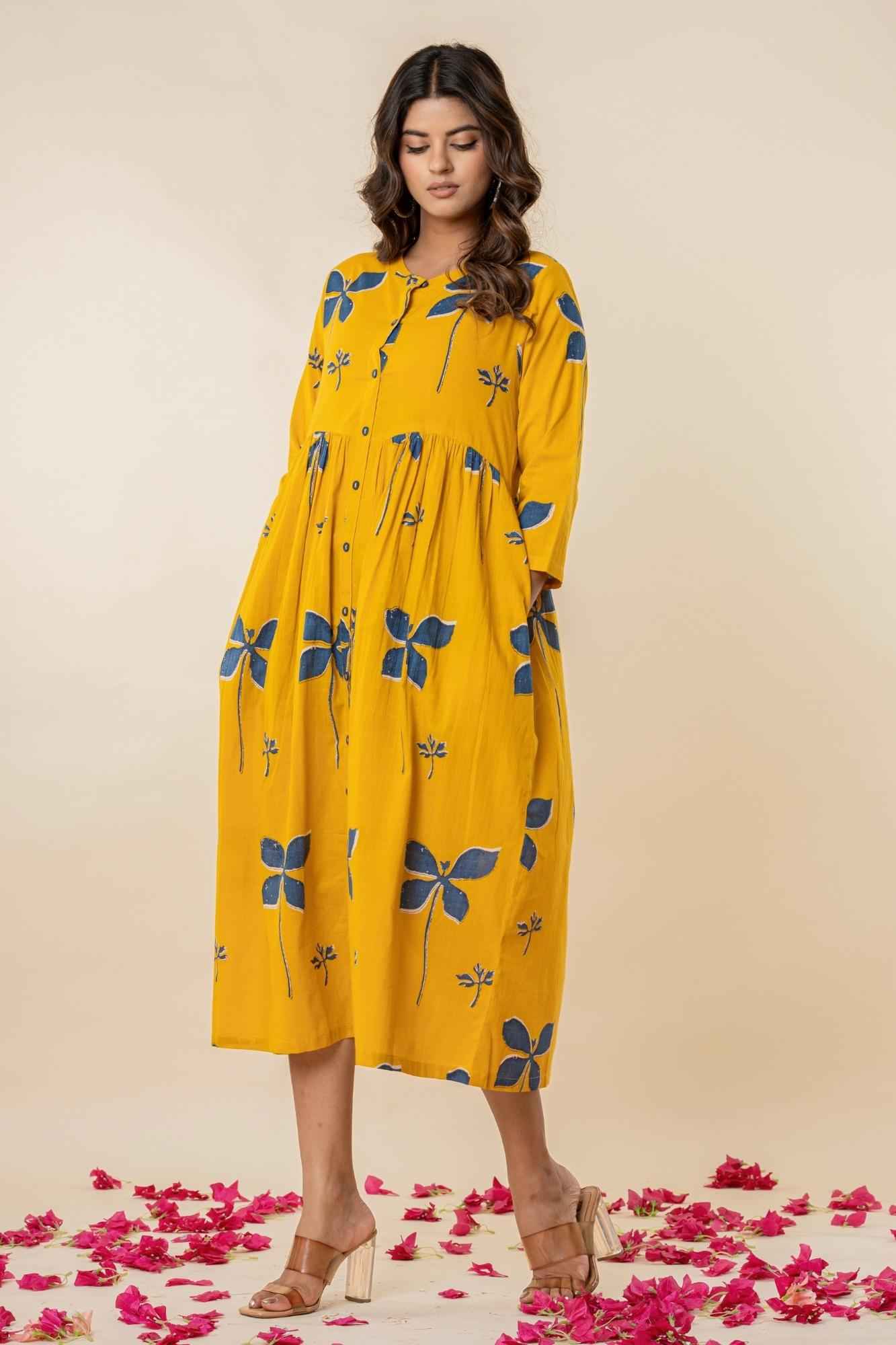 Mustard Yellow Cotton Button-Down Dress
