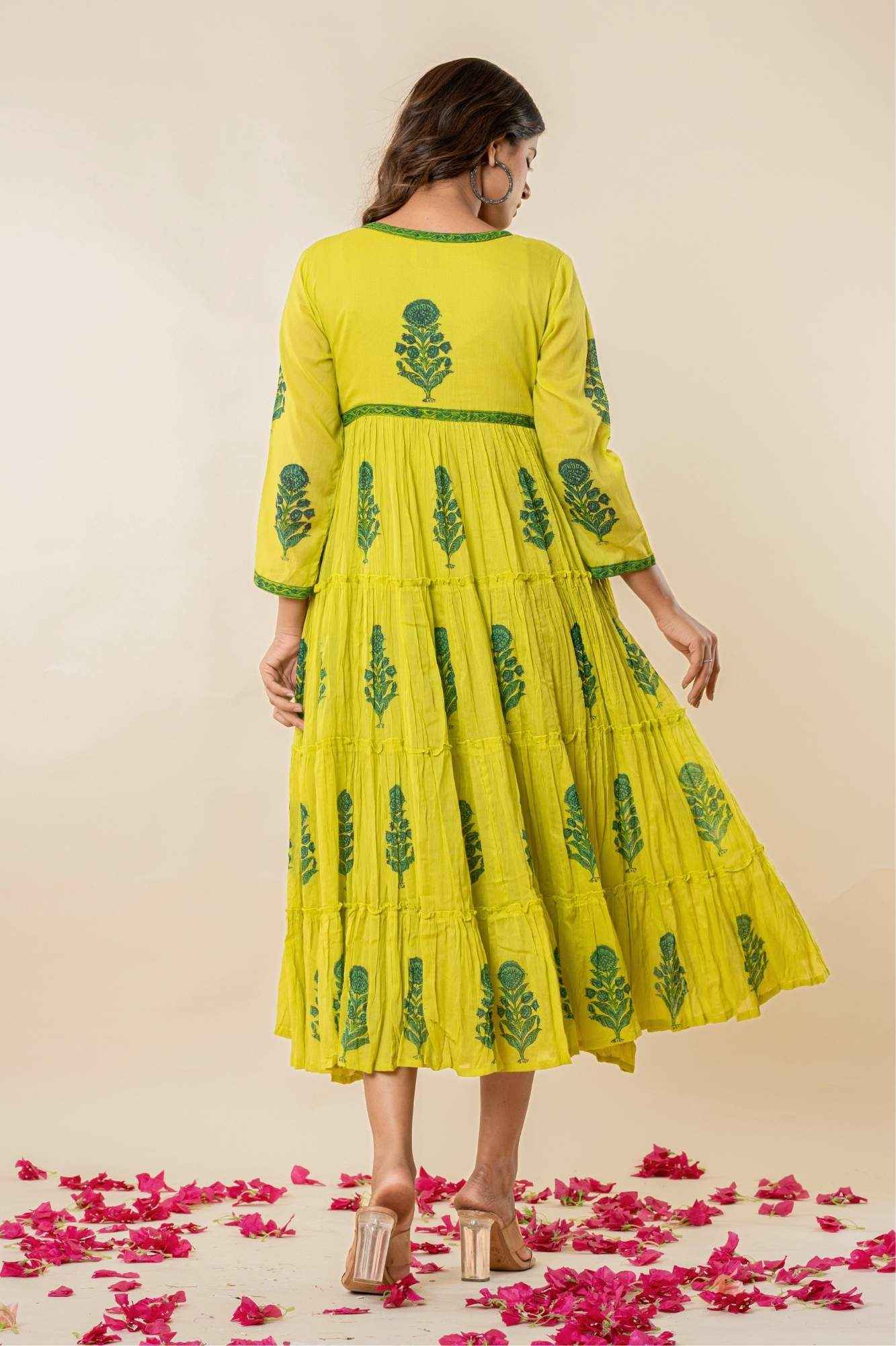 Bright Lime Green Mulmul Tiered Kurta