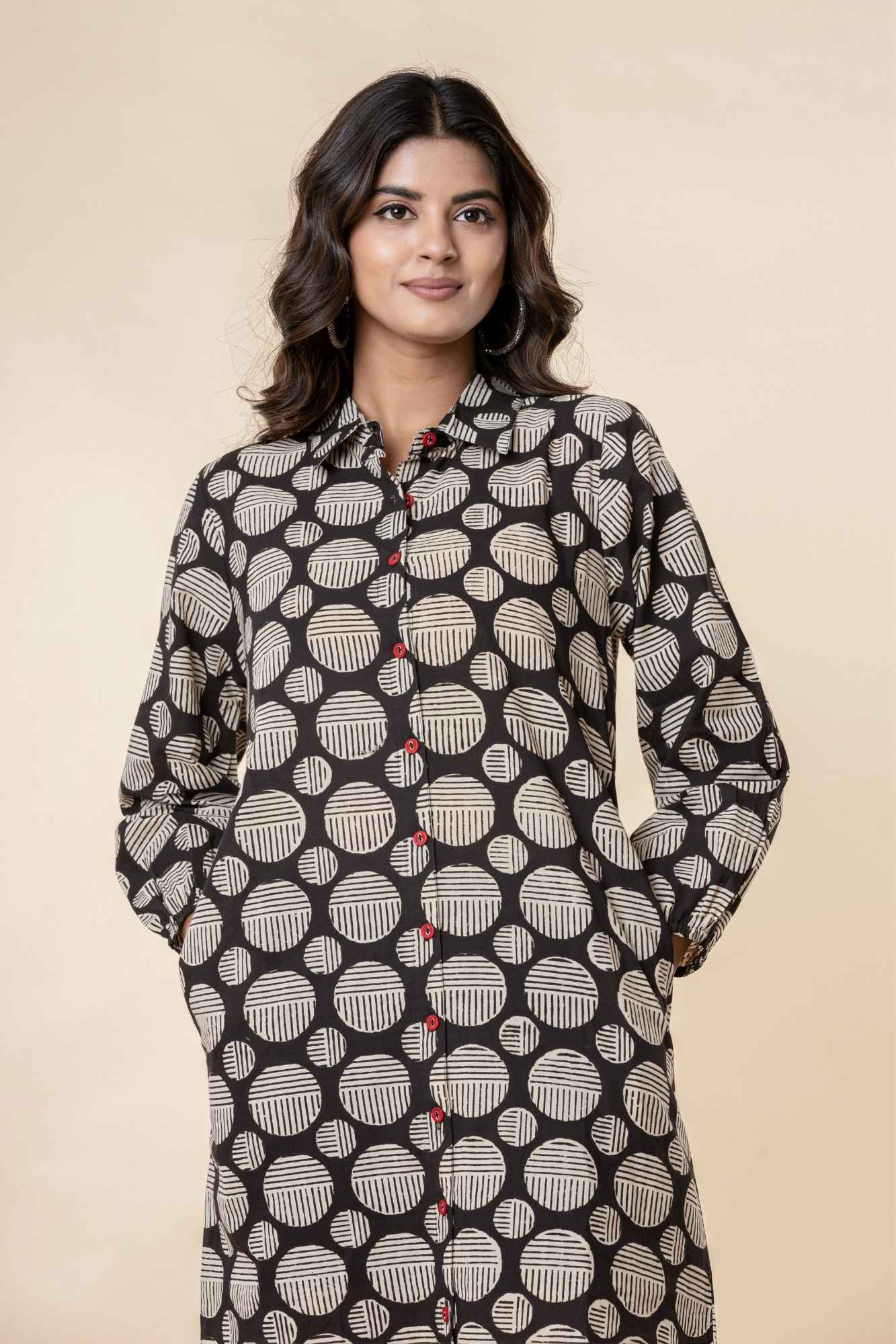 Black Cotton Shirt Style Kurta with Pockets