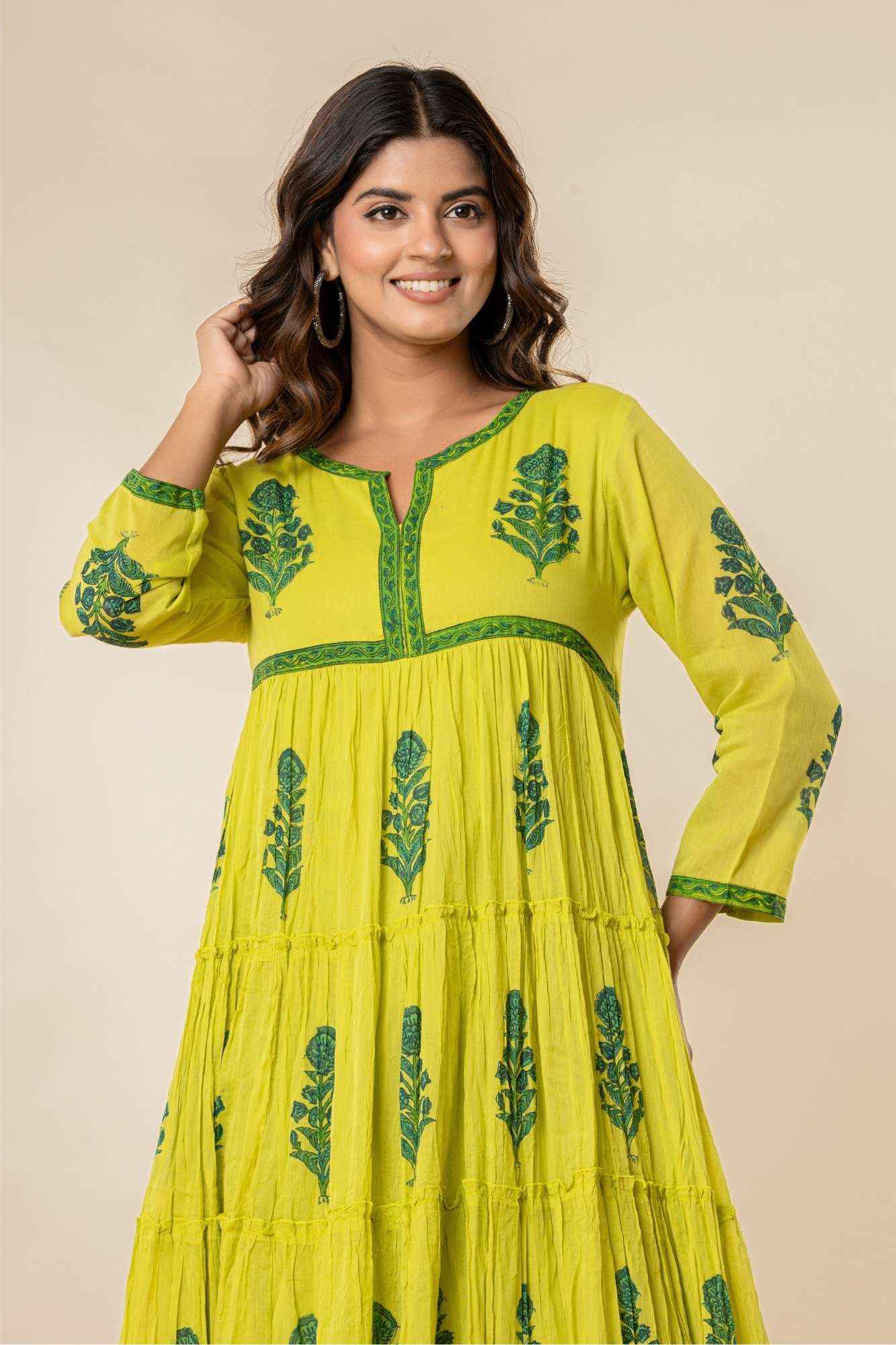 Bright Lime Green Mulmul Tiered Kurta