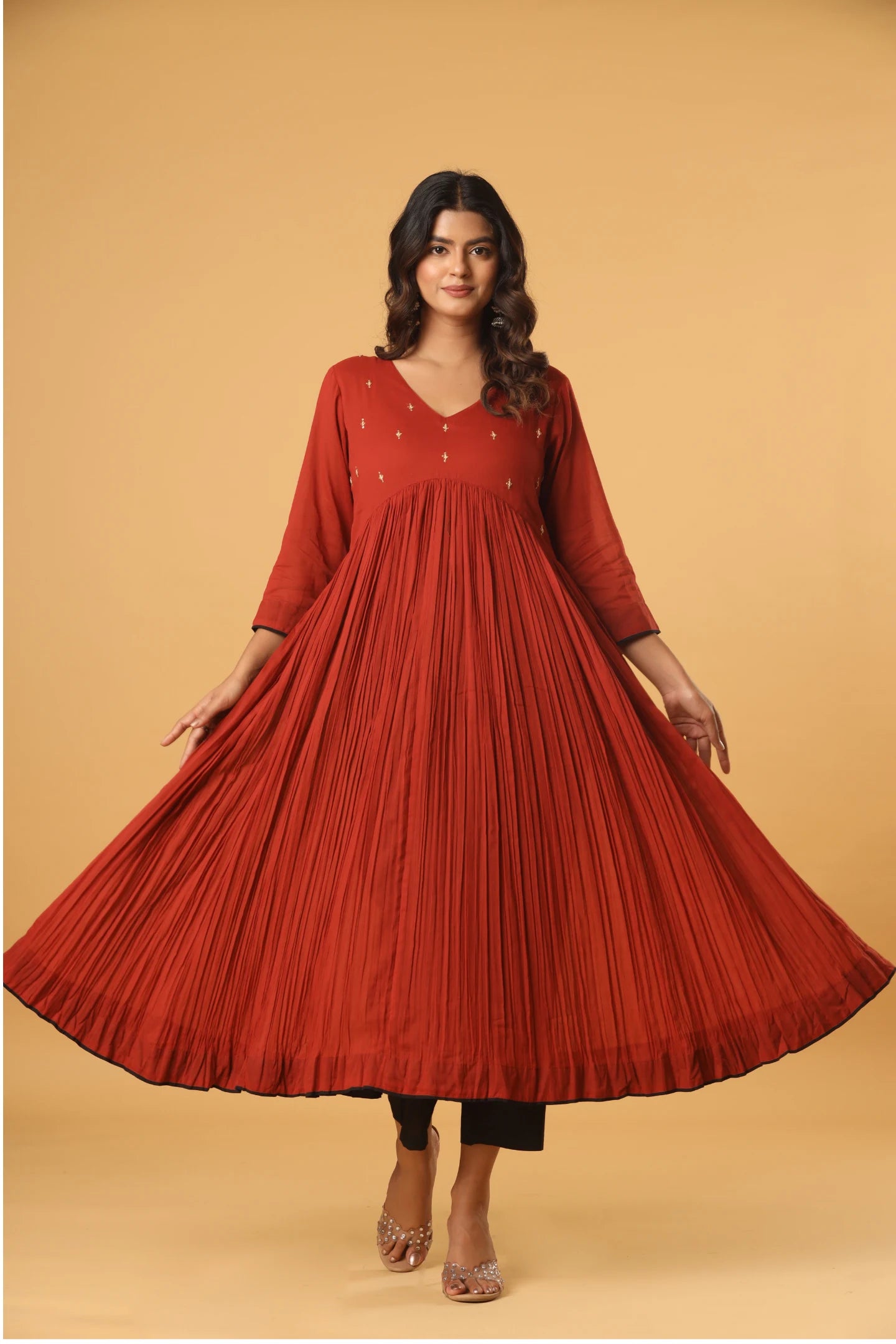 Saanjh Rust Pleated Kurta (Pants and dupatta included)