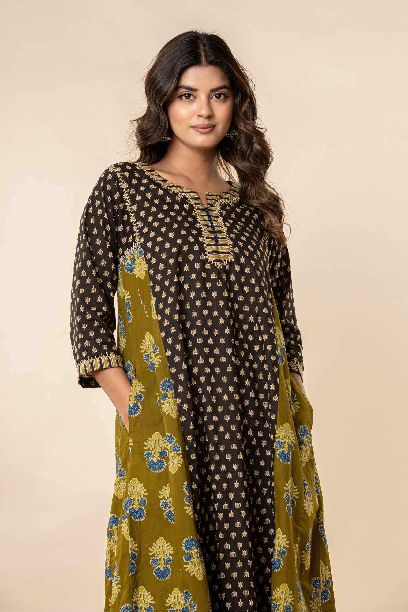 Olive & Black A-Line Cotton Kurta with Sequins
