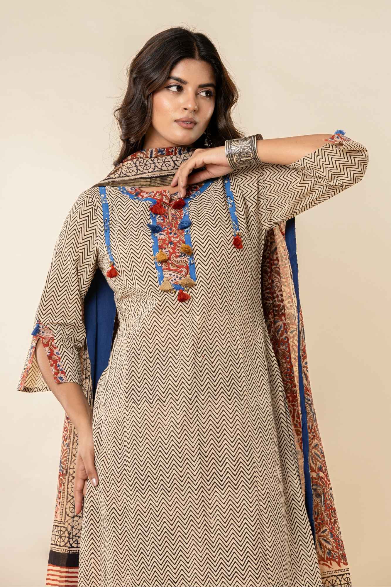 Cream Zig-Zag Bagru Print Cotton Kurta Set with Dupatta (Set of 3)