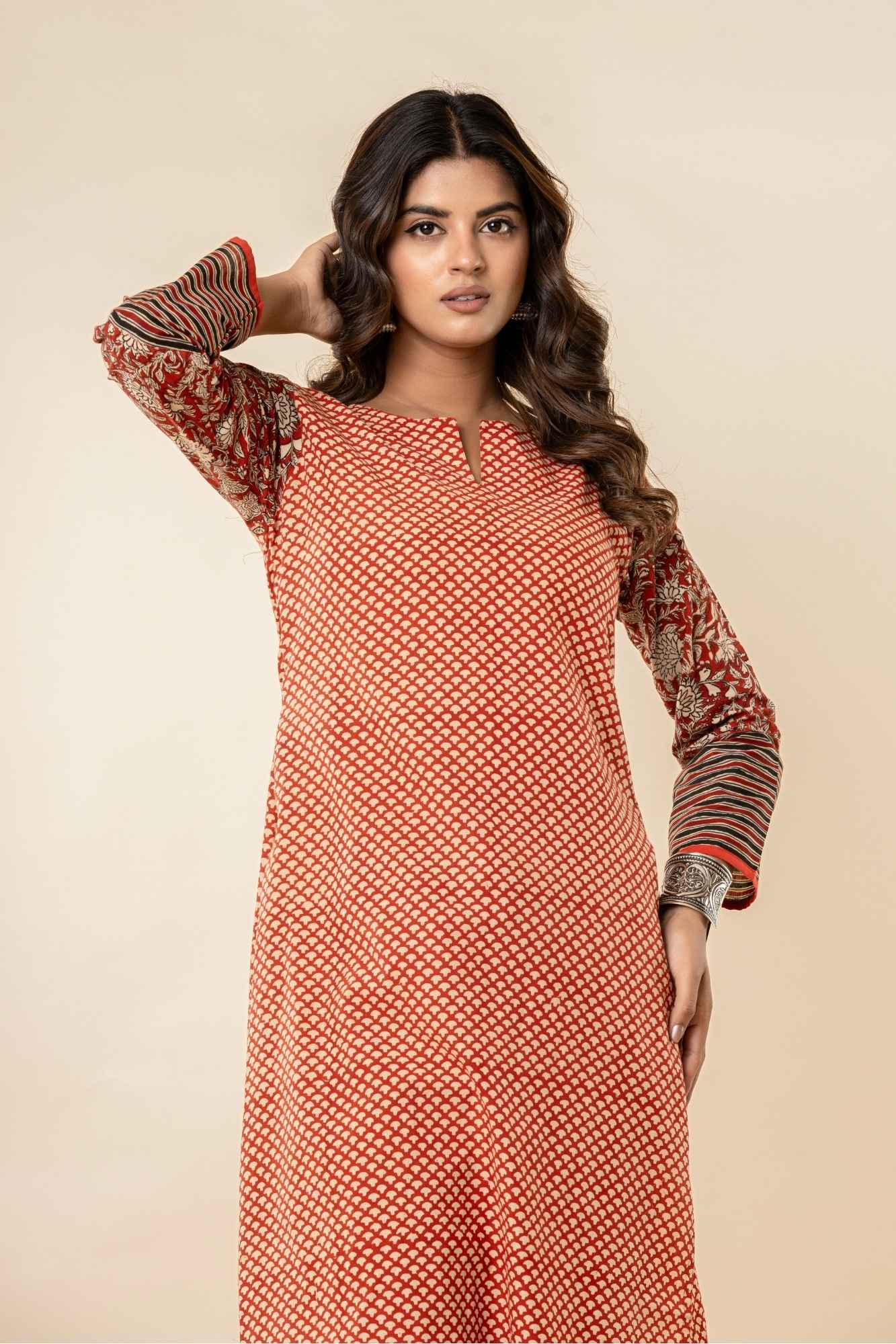 Rust Cotton Straight Kurta Set with Patchwork Sleeves (Set of 2)