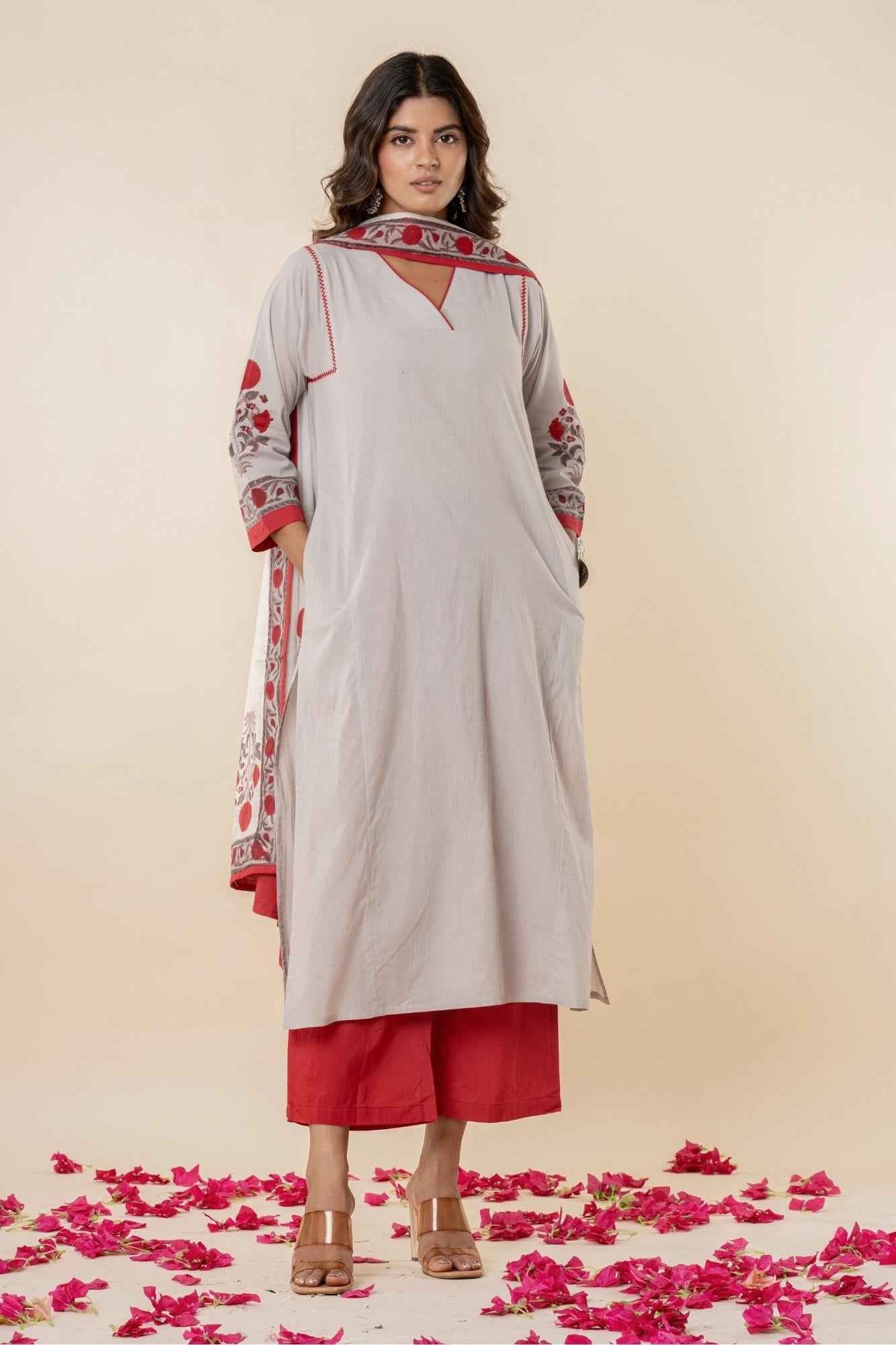 Light Grey Cotton Straight Kurta Set with Red Pants & Printed Dupatta (Set of 3)