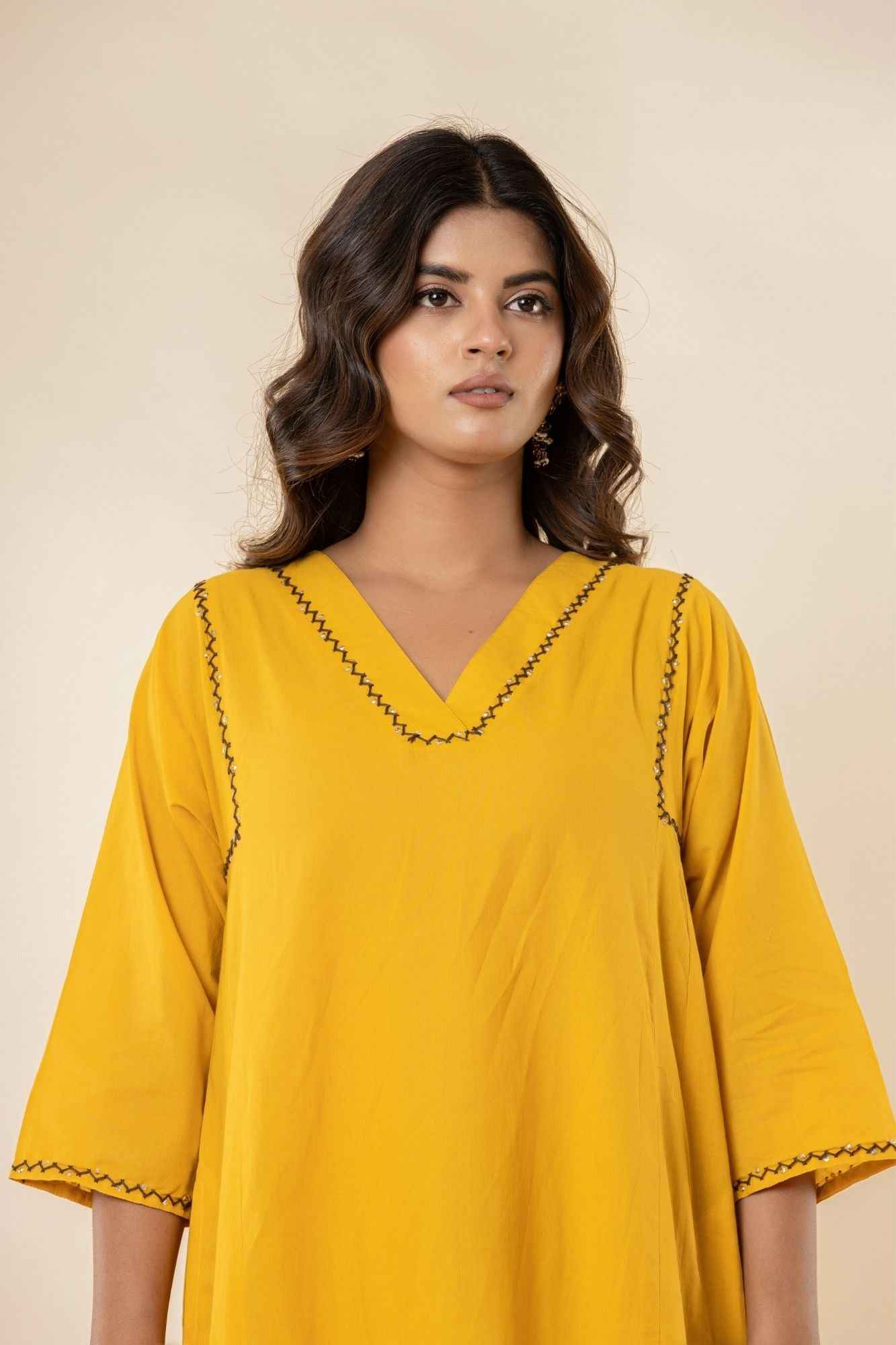 Golden Mustard A-Line Kurti Pant Set with Vanaspati Dupatta