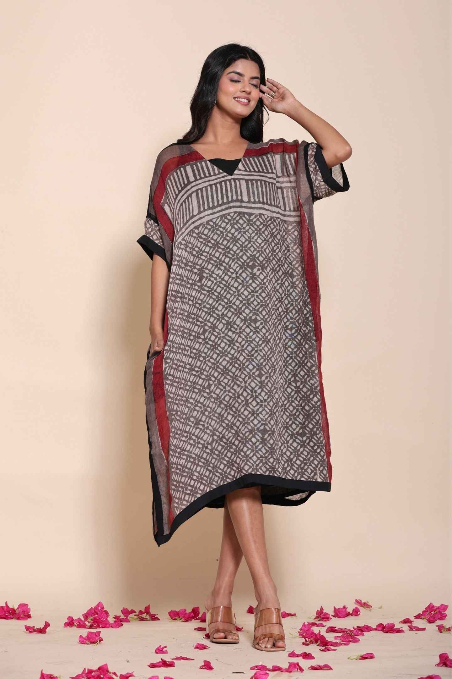 Naksh Pure Linen Free Size Brown Kaftan-Dress With Customizable Inner