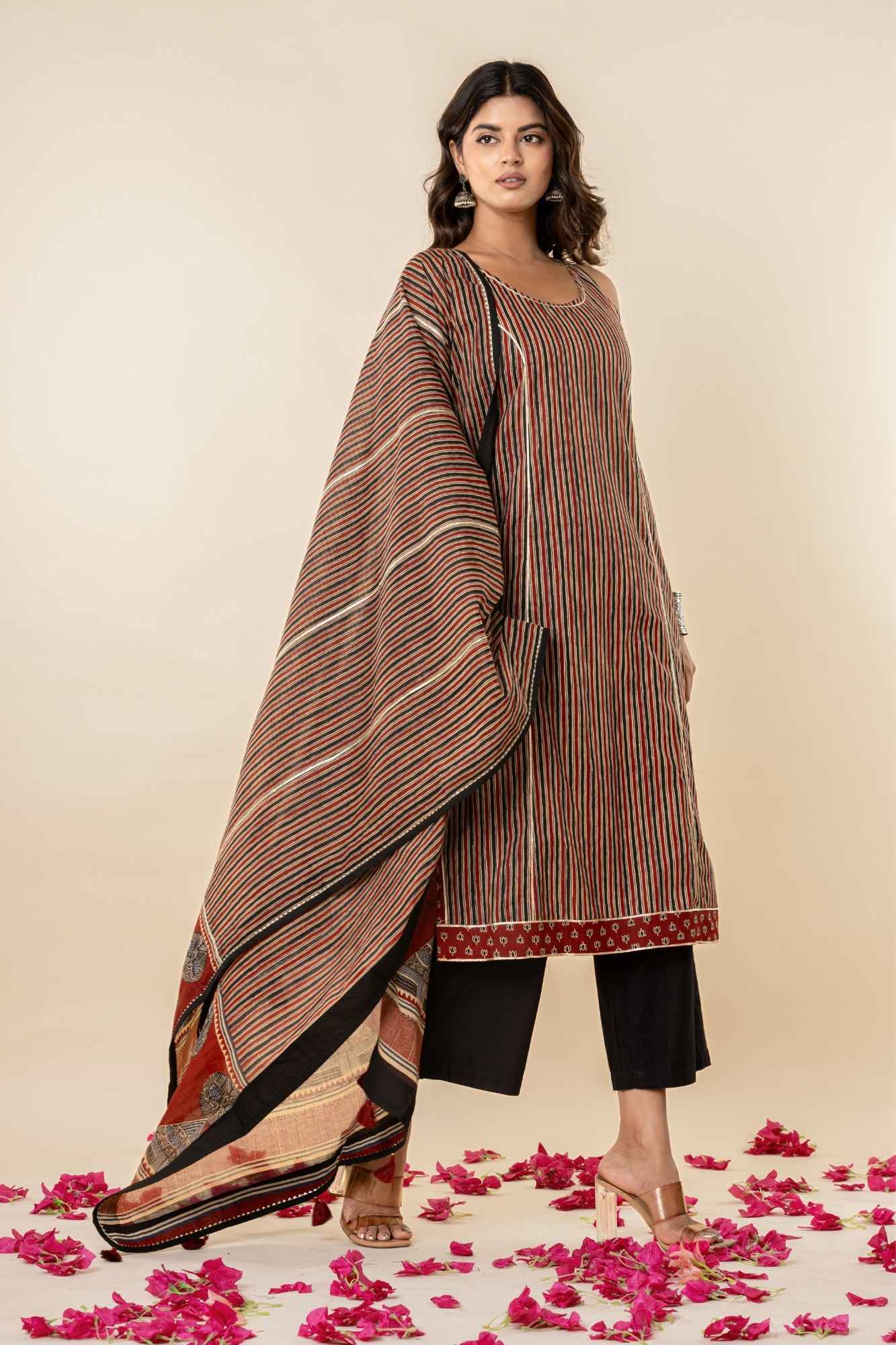 Striped Cotton Sleeveless Kurta Set with Dupatta (Set of 3)