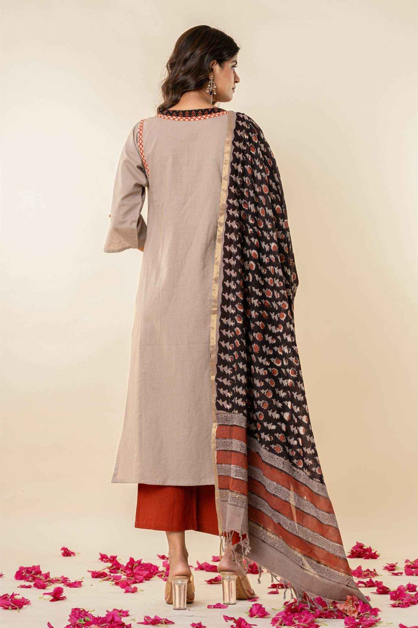 Taupe Cotton Kurta Set with Printed Dupatta (Set of 3)