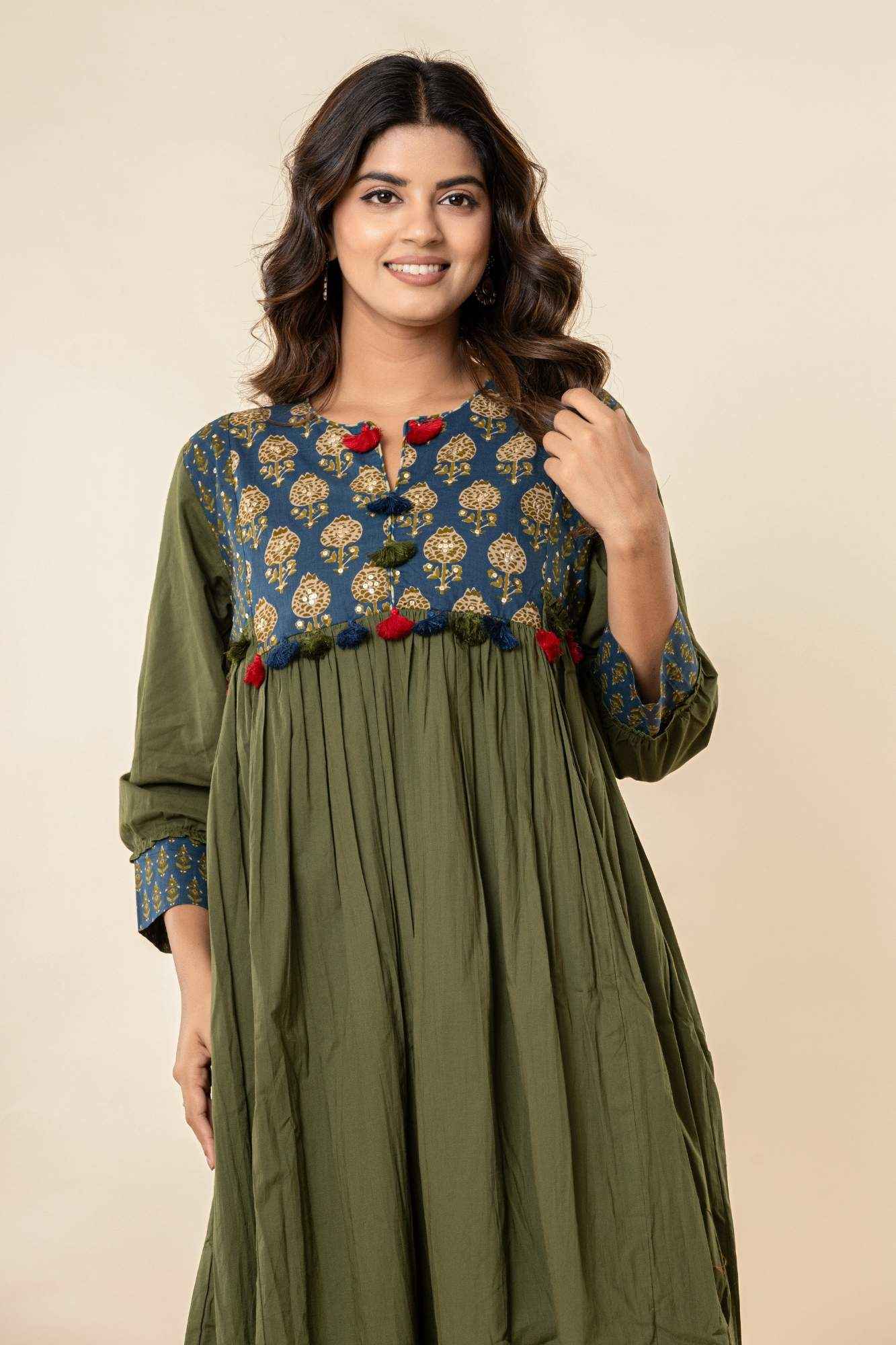 Olive Gathered Kurta Set with Printed Yoke