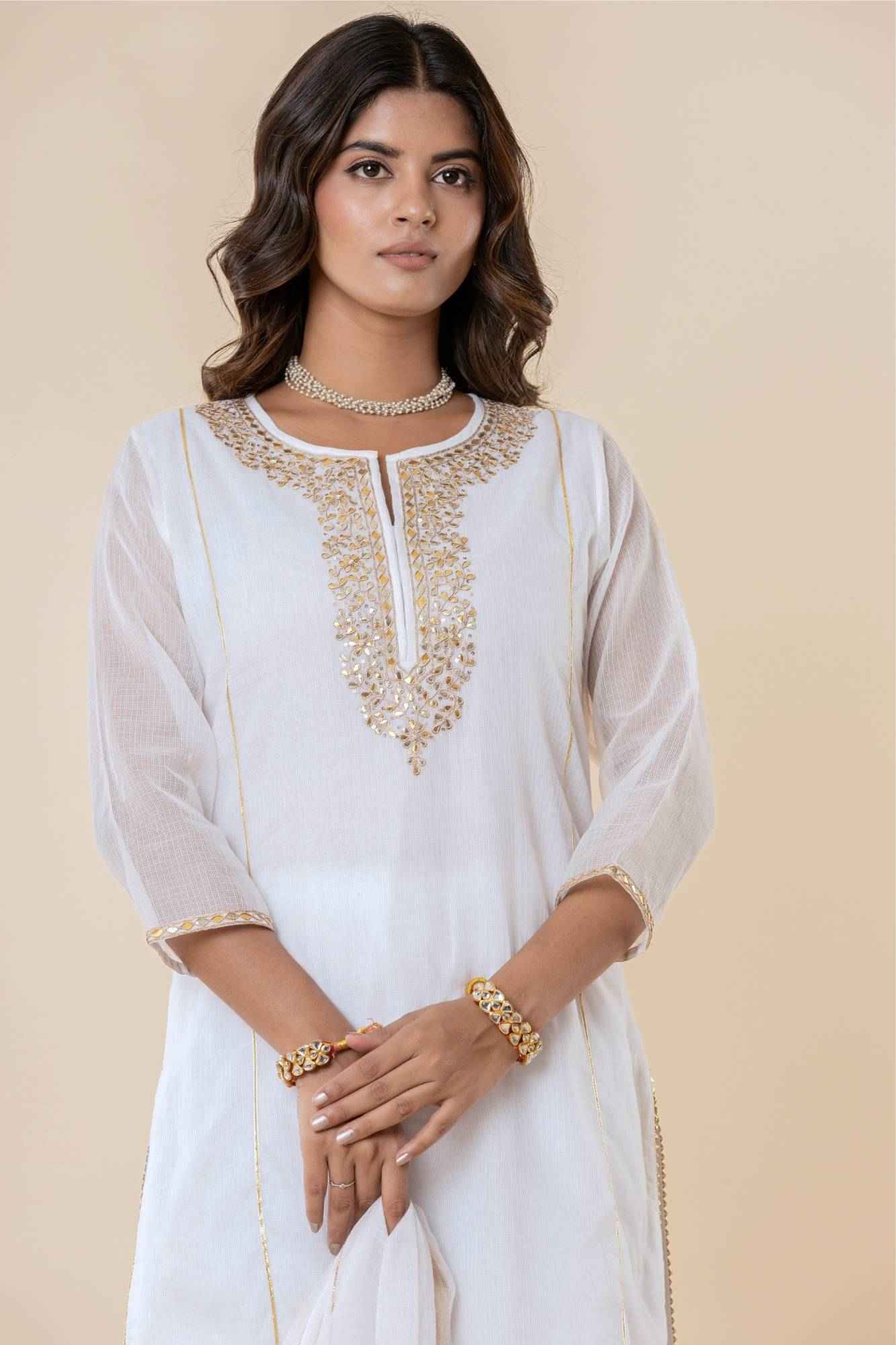 White Kota Doria Gota Patti Kurta (Set Of 3)