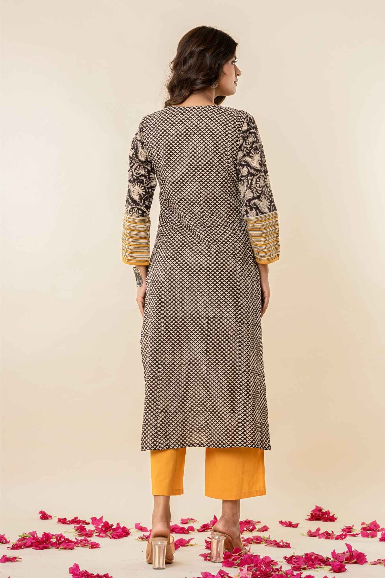 Black Cotton Straight Kurta Set with Patchwork Sleeves (Set of 2)